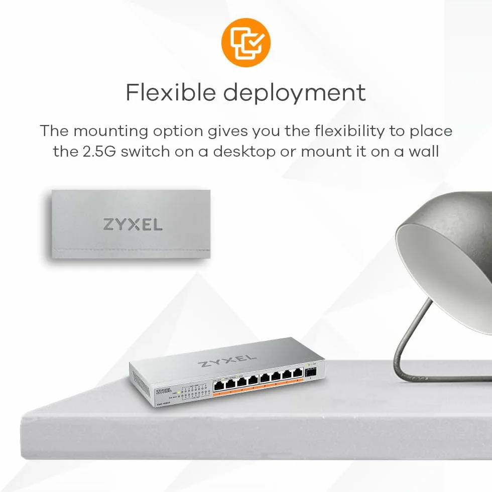 Zyxel 8-portowy przełącznik niezarządzalny PoE 2.5G Multi-Gig @ 100 W z 8 x PoE++ (60 W) | 1 x 10G SFP+ |do montażu na biurku lub na ścianie [XMG-108HP]