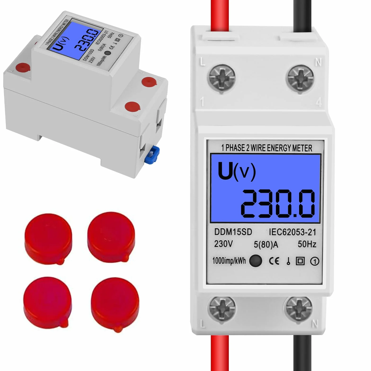 Licznik prądu z szyną montażową, cyfrowy licznik prądu zmiennego, szyna montażowa z ekranem LCD, licznik KWh 5 (80) A 1-fazowy 2-biegunowy 2P DIN szyna licznik prądu