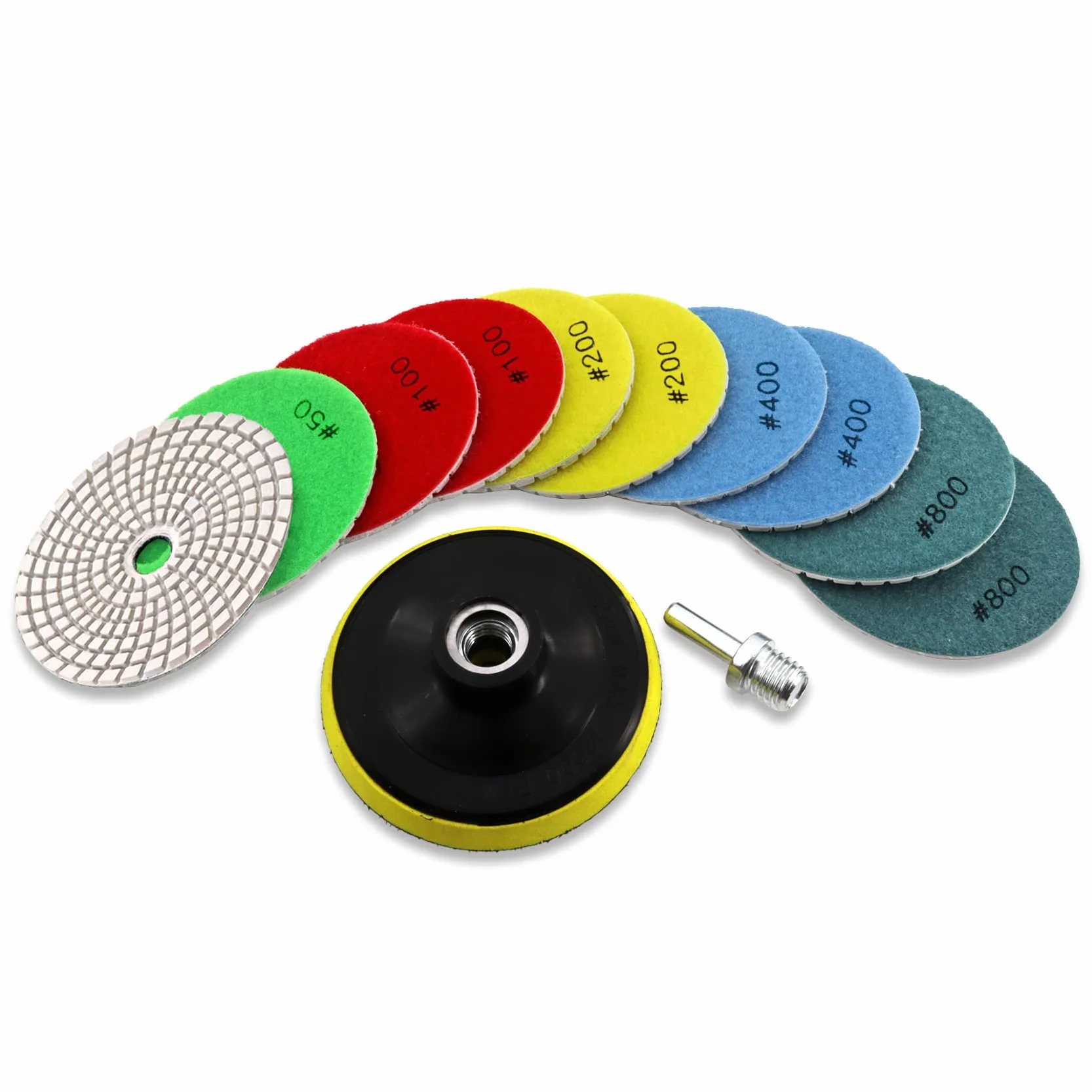 Diamond Polishing Pads Set - 10 szt. 100 mm Wet Countertop Polishing Pads + 1 szt. Plastic Body+ 1 szt. Adapter M14 Thread to Round Shank do granitu, kwarcu, marmuru