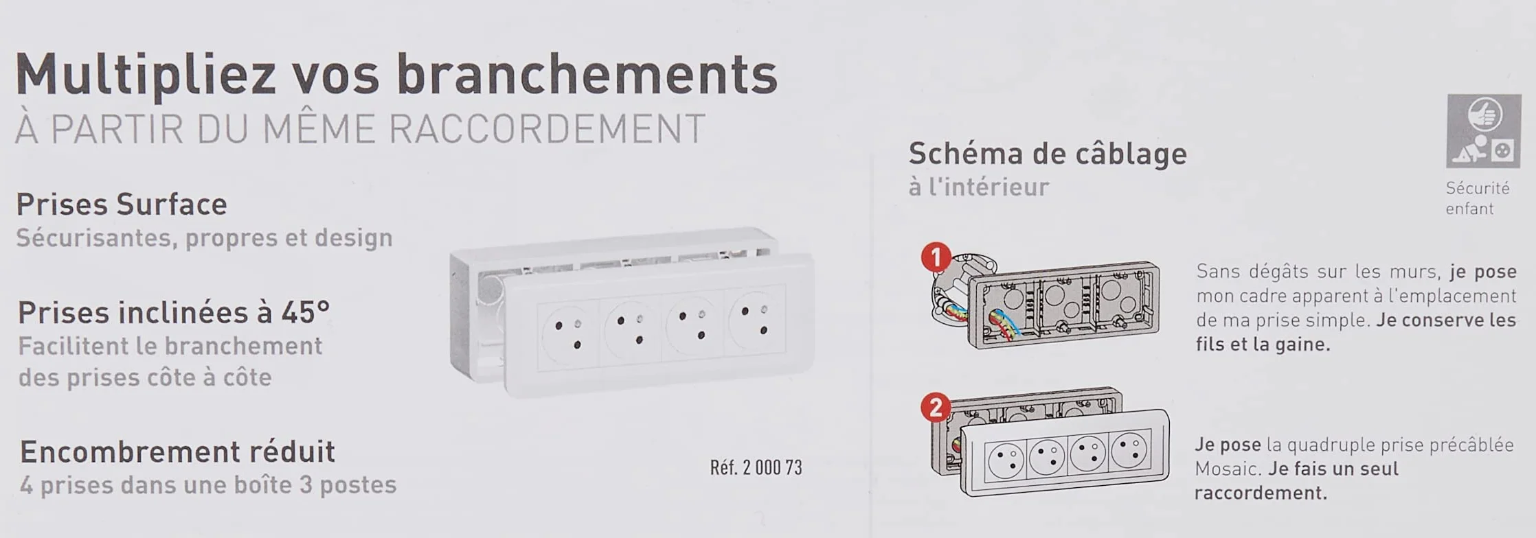4 x 2P+T 16A/250V - Link mozaikowy zakres 45° - Innowacyjny Łatwy montaż - Wstępnie przewodowe gniazdo z płytką i ramką - Biały - 200073 - Legrand