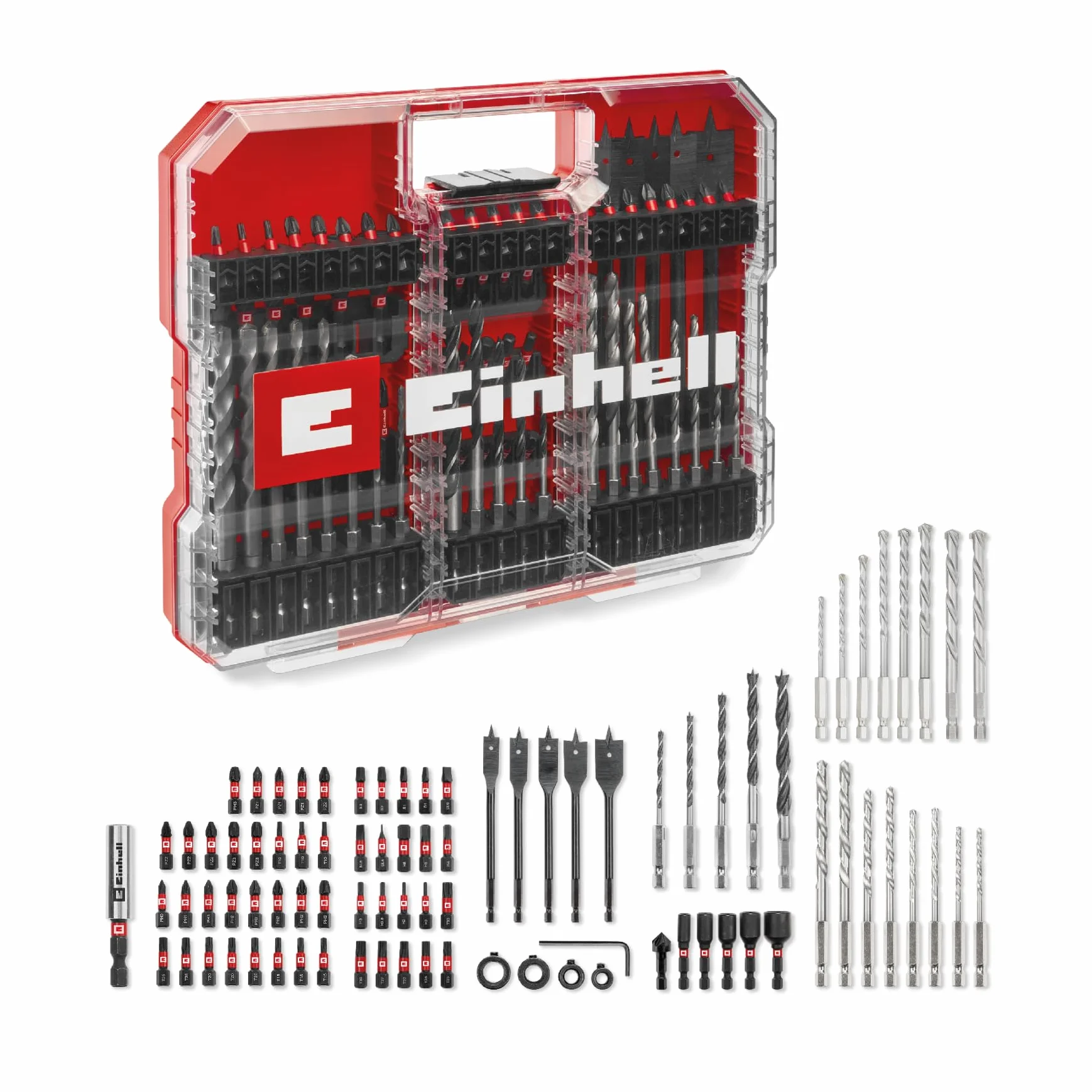 Oryginalny Einhell XL-CASE 95-częściowy zestaw bitów i wierteł odpornych na uderzenia (bity, różne wiertła, uchwyt do bitów, klucz nasadowy, pogłębiacz, ogranicznik wiertła, klucz pinowy wraz z