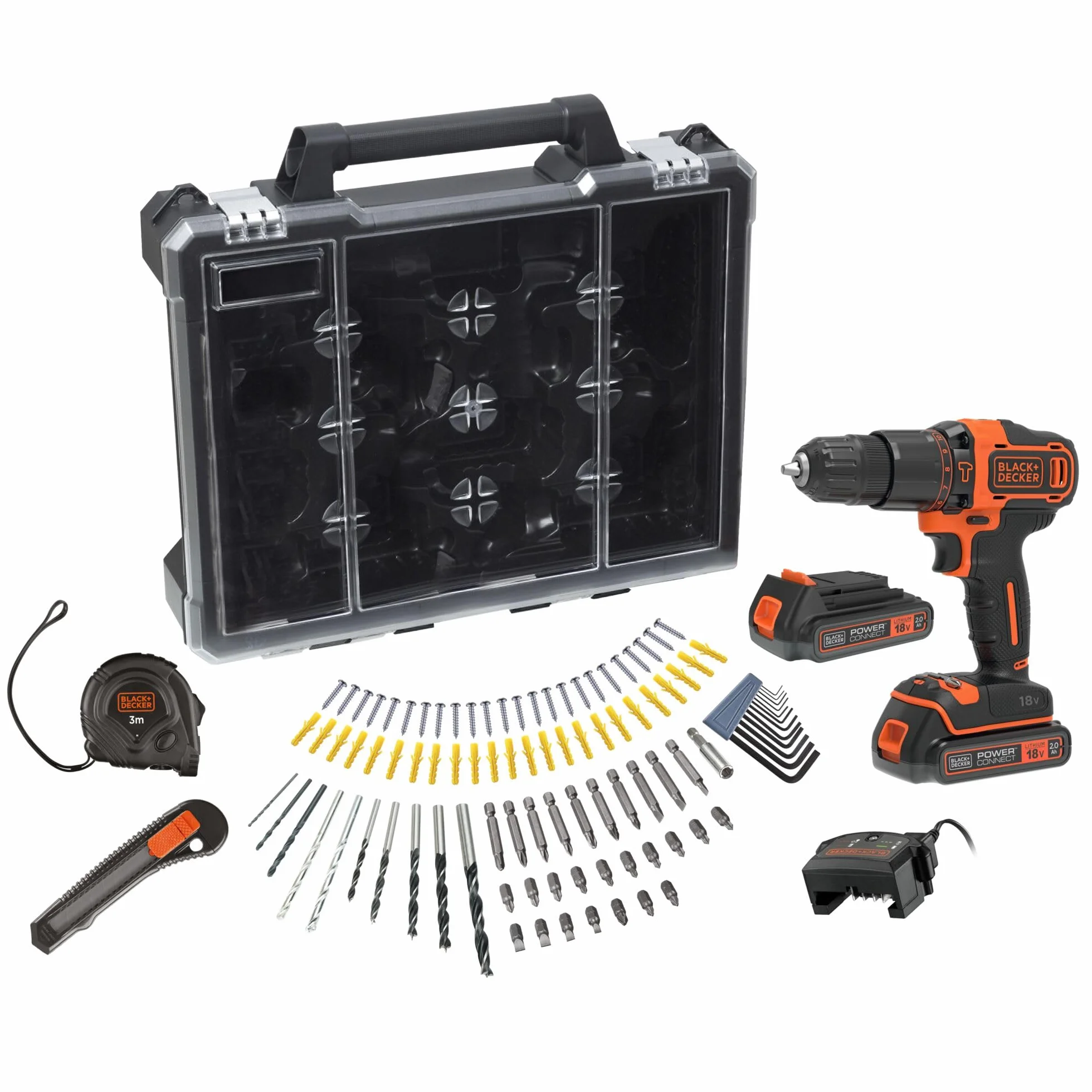 BLACK+DECKER BDCHD18D2AB-QW wiertarka udarowa 18 V z 2 bateriami 2,0 Ah, ładowarką 400mA i 100 akcesoriami, w zestawie pudełko