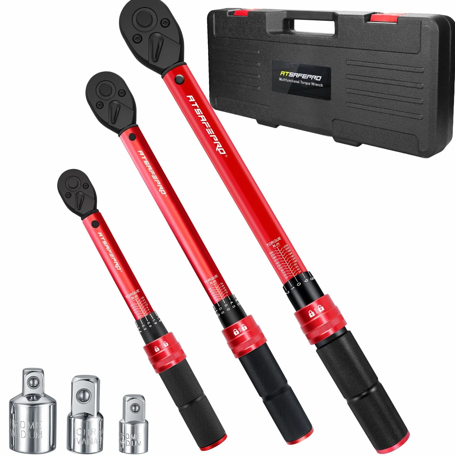 ATsafepro Zestaw 6 Kluczy Dynamometrycznych 1/4", 3/8", 1/2", Regulowane Klucze Dynamometryczne 1-25Nm, 5-60Nm, 20-230Nm Z Grzechotką 72-Zębną, Adaptery 3 szt dokładność ±3% motocykl samochód rower