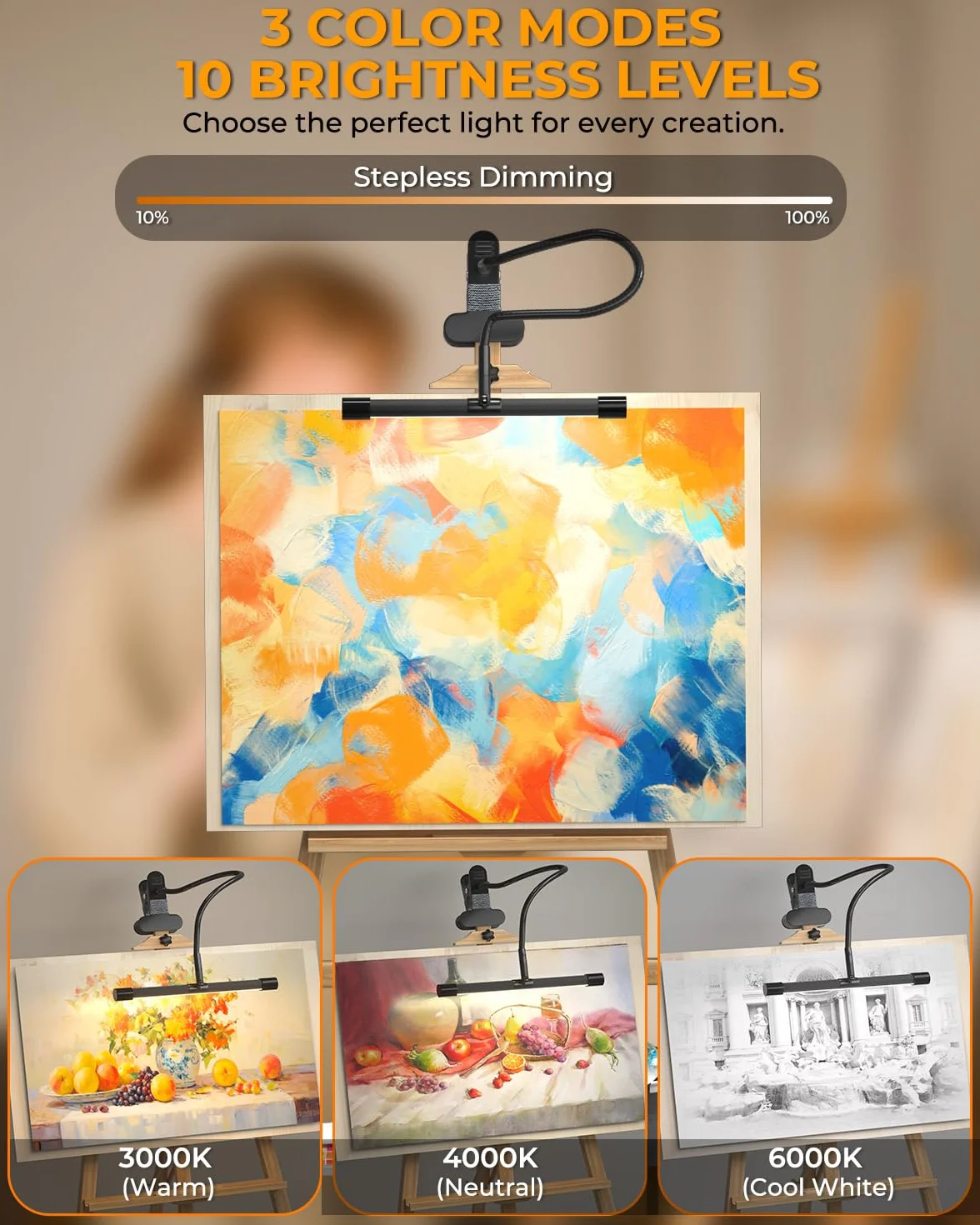 Lampa Clip-On 7W do Sztalugi Malarskiej, 3 Tryby Kolorystyczne + 10 Poziomów Jasności, Elastyczny Stojący Klips do Biurka/Piana (Zasilanie USB, Bez Adaptera) [Klasa Energetyczna A]