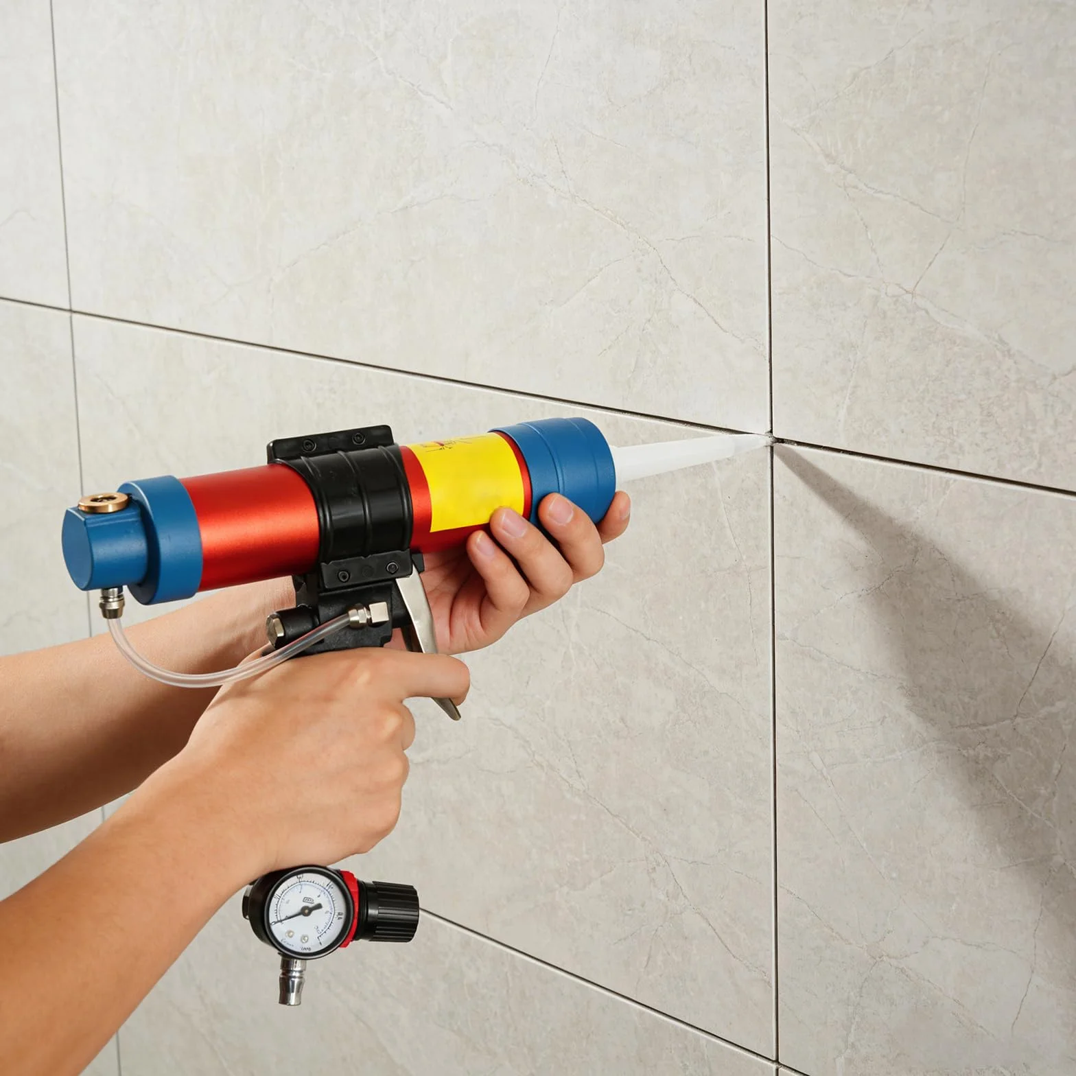 Pneumatyczny pistolet na kartusze 310 ml, ciśnienie robocze 6 bar, długość rury 19-23 cm, do szkła, aluminium, płytek i drewna