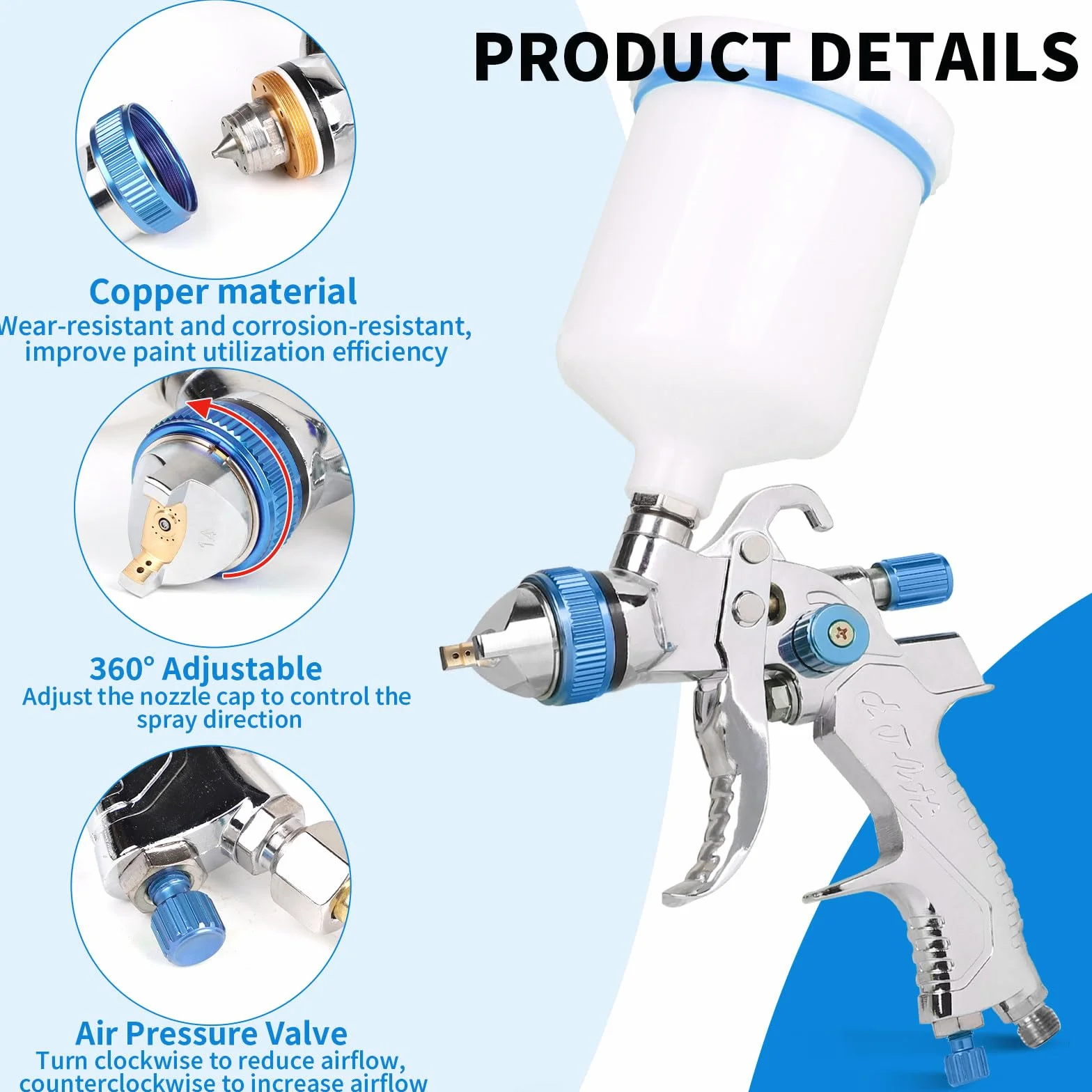 DBREAKS HVLP Pistolet natryskowy do lakierowania, 1,4/1,7/2,0/2,5 mm, pistolet natryskowy z kubkiem 600 ml + 4 zestawy dysz + regulator ciśnienia powietrza, pistolet do malowania detali, do samochodu