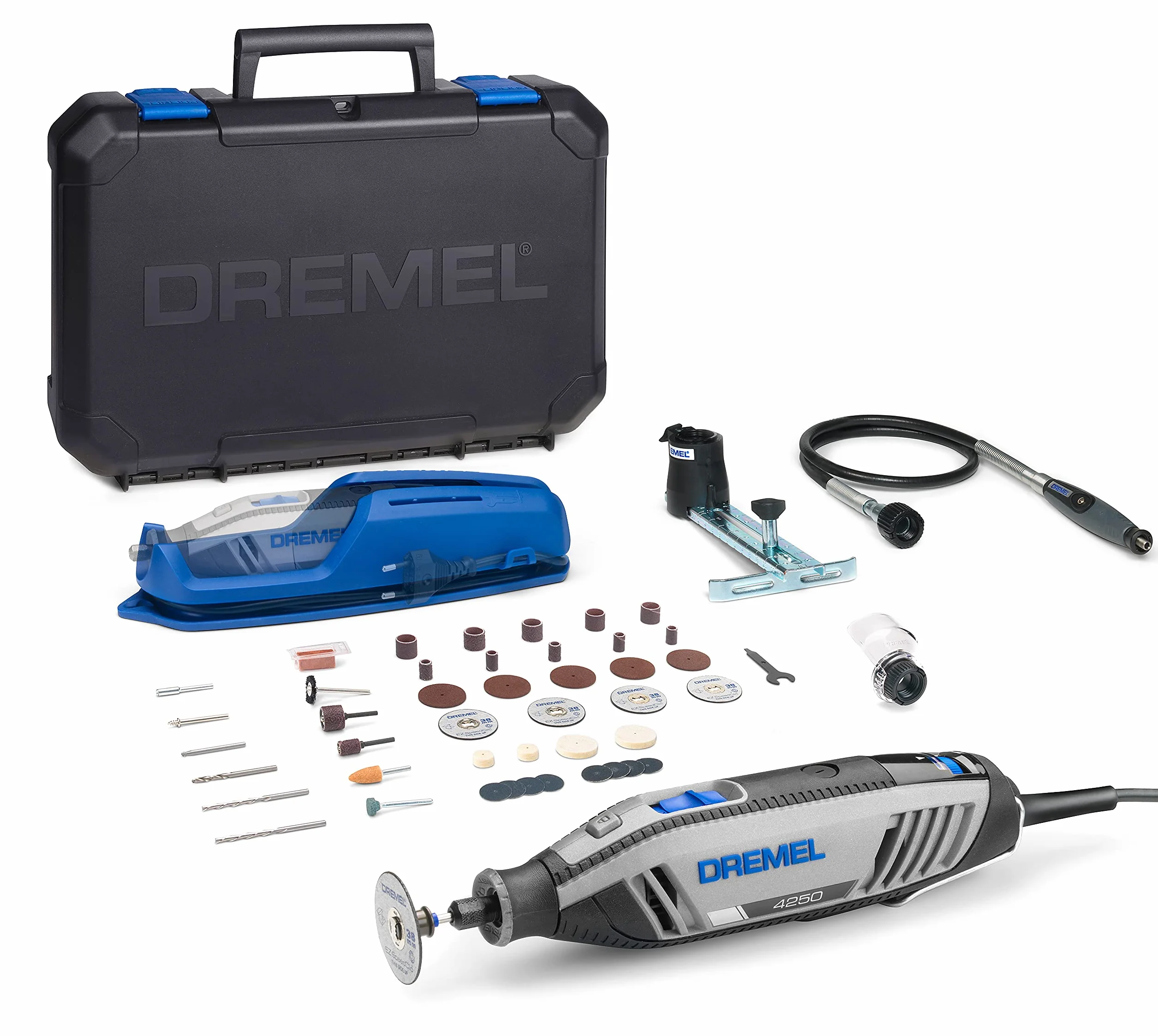 Dremel 4250 Narzędzie obrotowe 175 W – zestaw z narzędziem wielofunkcyjnym i 3 przystawkami / 45 akcesoriami, silnik 175 W ze sterowaniem elektron., regulacja prędkości obr. 5 000 – 35 000 obr./min