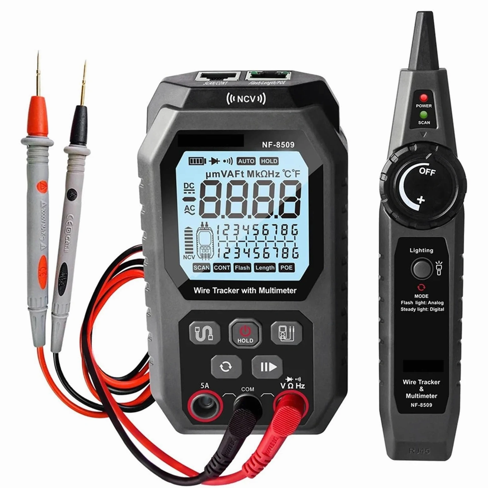 Tester multimetru 2 w 1, lokalizator kabli sieciowych do testowania POE, śledzenie przewodów NCV AC DC LCD Testy transmisji