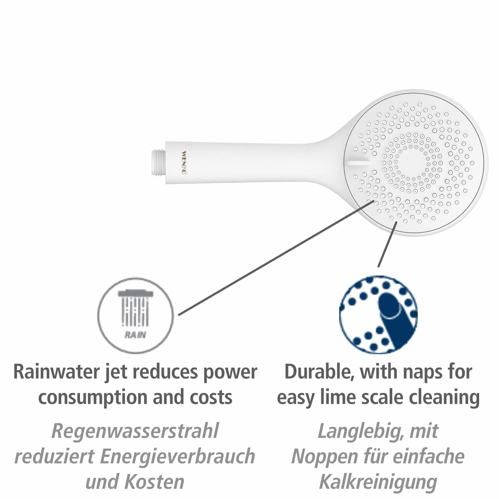 WENKO Zestaw prysznicowy Watersaving, drążek prysznicowy ze stali nierdzewnej, oszczędzająca wodę głowica prysznicowa, z wężem prysznicowym 150 cm, biały