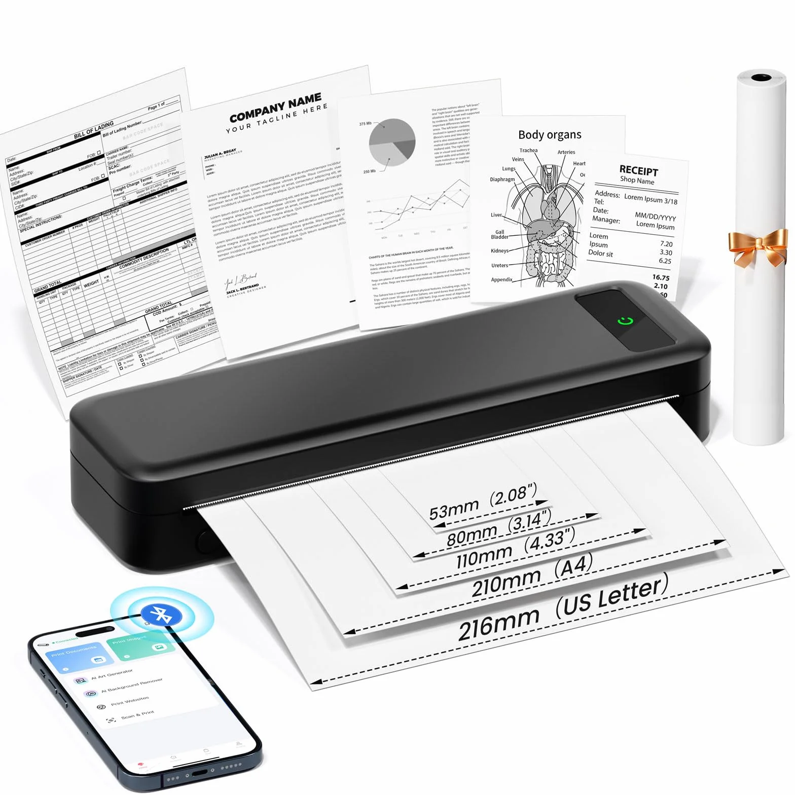 Przenośna Drukarka Termiczna A4 Inkless Wireless Bluetooth 300Dpi Kompatybilna z iOS, Android i PC, Mała Drukarka na Papier Termiczny 216/210/110/80/53 mm, Podróż, Biuro, Szkoła, Dom, Samochód