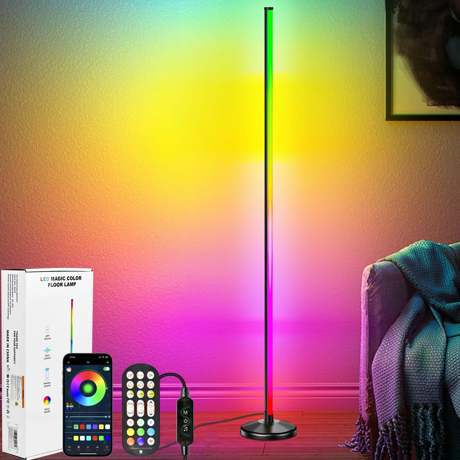 NIKYJM Lampa stojąca LED do salonu, 145 cm, RGB, ściemniana, lampa stojąca LED, lampa narożna z pilotem zdalnego sterowania i aplikacją, 16 milionów kolorów, 300 trybów scenerii, tryb muzyczny, "zrób