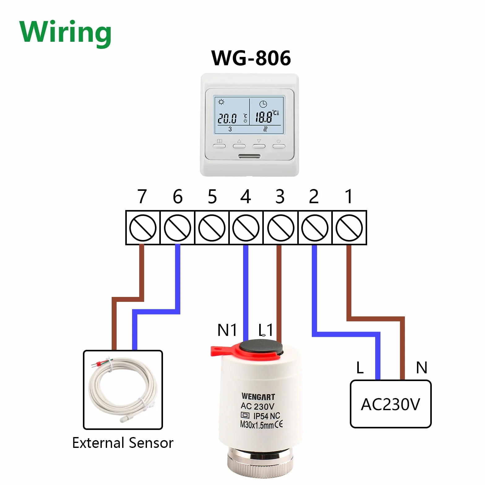 Wengart Elektryczny siłownik zaworu termicznego WG20, AC230V M30*1,5, normalnie zamknięty, odpowiedni do wszystkich rodzajów systemów grzewczych