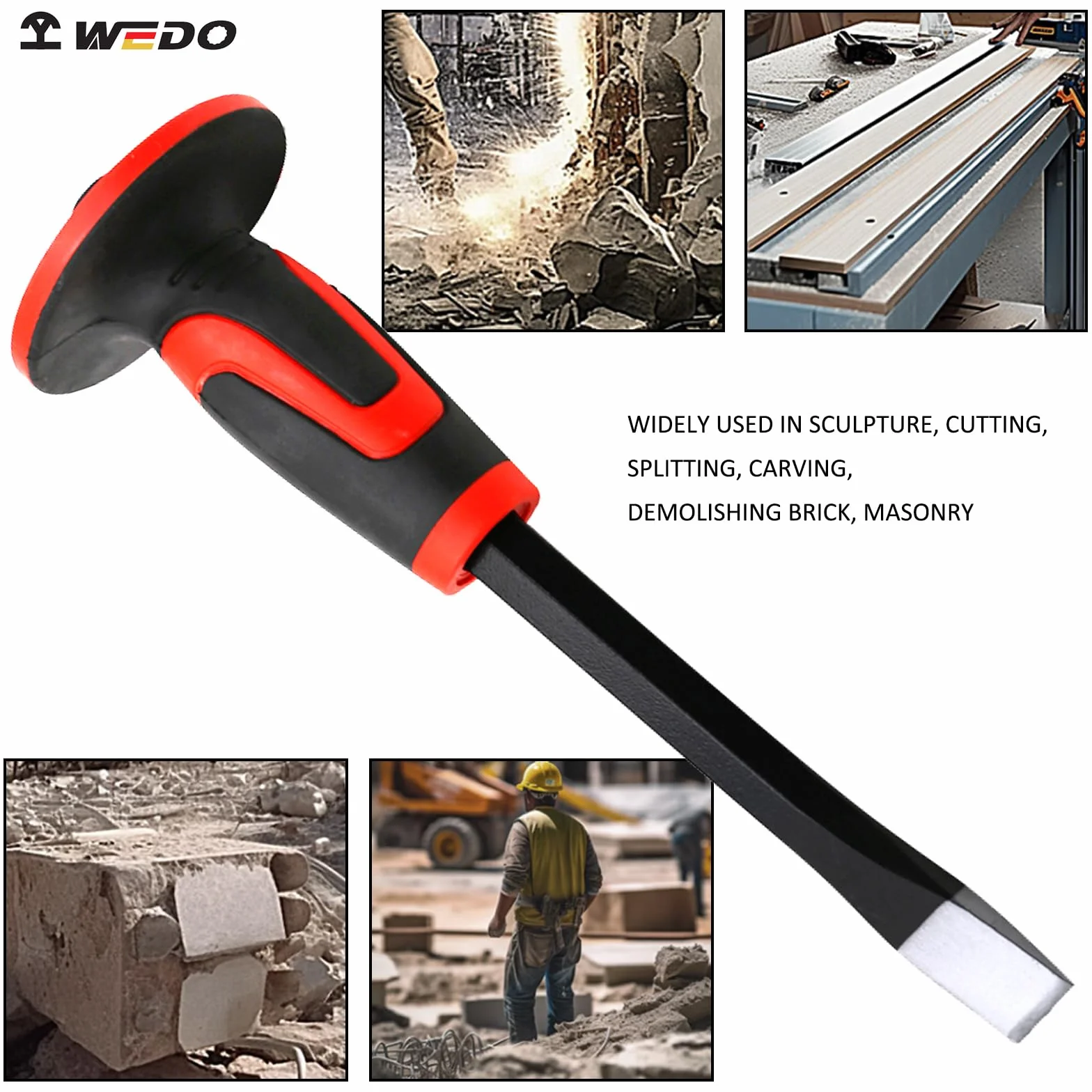 WEDO Młot kowalski 1,4 kg i płaskie dłuto 28 cm z ochroną dłoni, dłuto z płaską głowicą murarską i młotkiem klubowym, antypoślizgowy uchwyt, dłuto do betonu do wyburzania kamienia, łamania rzeźbienia
