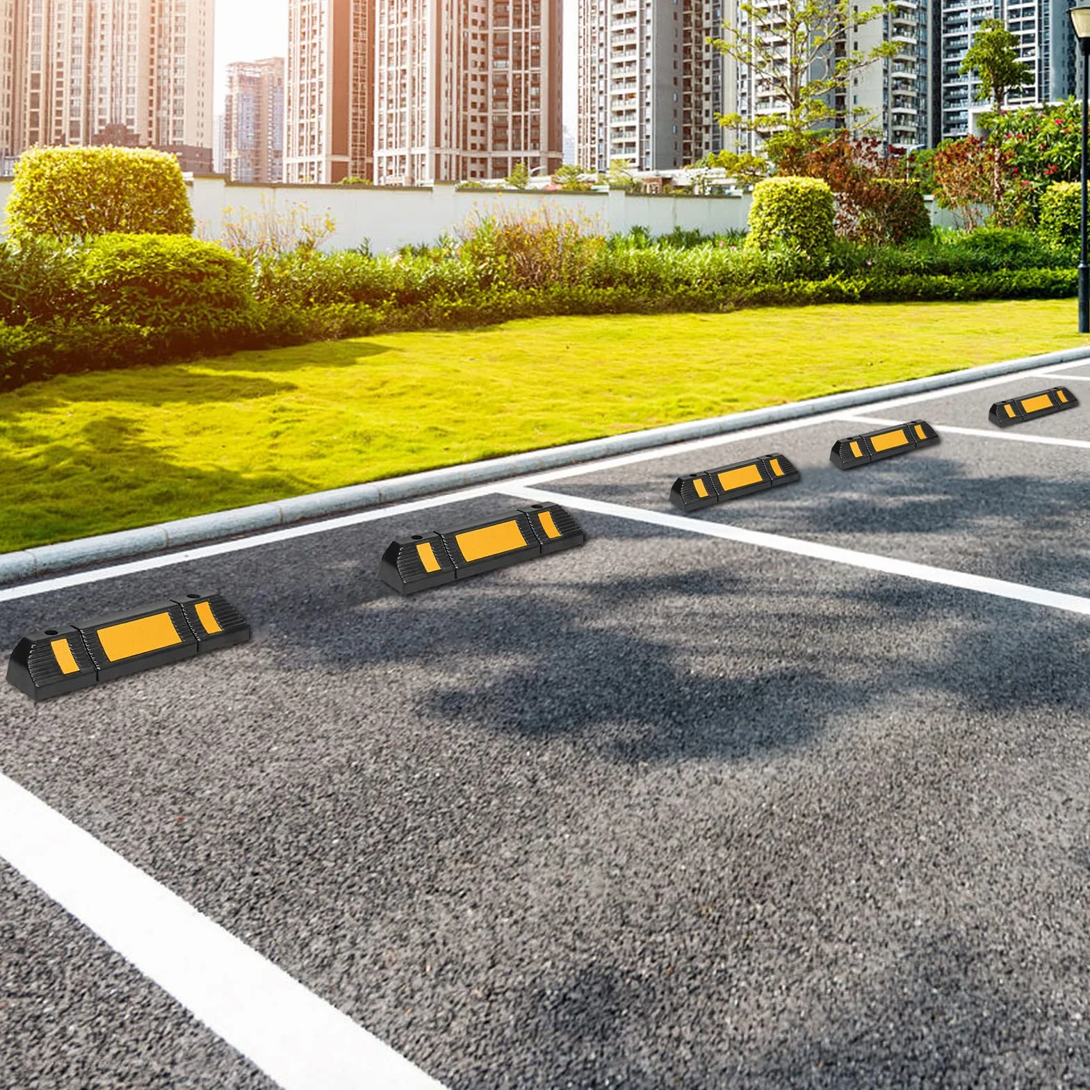 UISEBRT Gumowy stoper parkingowy do garażu – 2 gumowe stopery parkingowe, bariera parkingowa z paskami odblaskowymi do garażu i parkingu, 60 x 12 x 10 cm, czarny + żółty (2 sztuki)