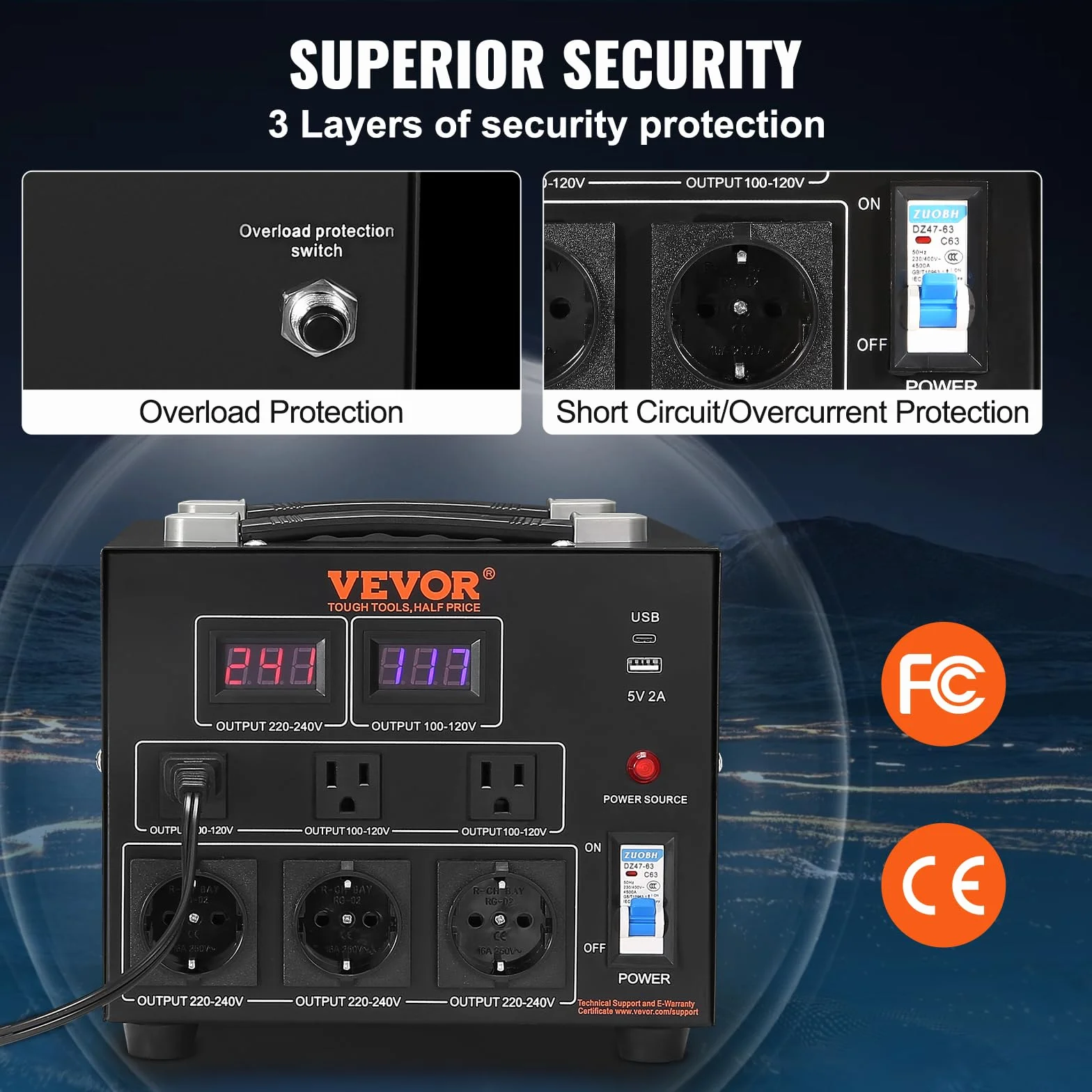 VEVOR Transformator napięcia 5000 W AC 110 V 220 V transformator 3 x US NEMA 5-15R 3-biegunowy / 3 x europejskie gniazda wyjściowe Shucko, 1 x złącze USB 5 V i 1 x gniazdo typu C