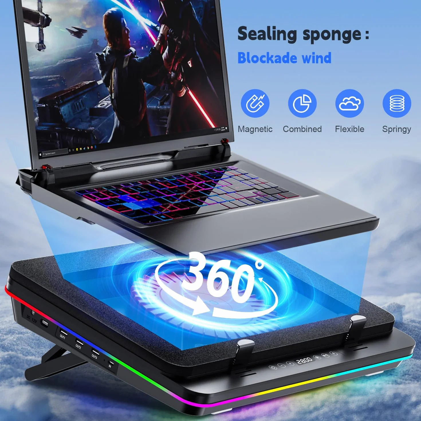 IETS GT600 RGB podkładka chłodząca do laptopa 14-19,3 cala 3 porty USB filtr