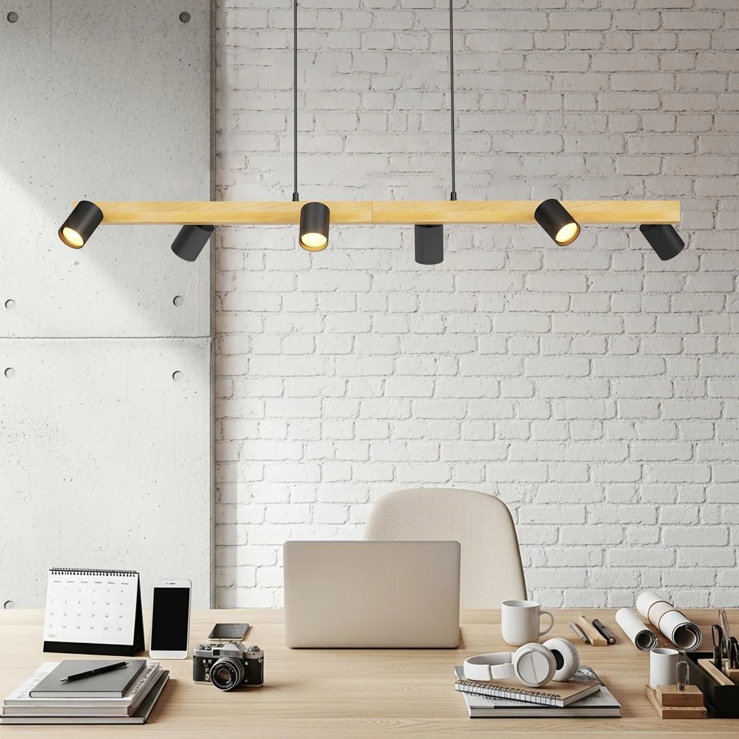 LVWIT Czarne lampy wiszące, lampy wyspowe do kuchni GU10, drewniane lampy sufitowe, lampa sufitowa do jadalni z 6 podstawami, salonu, sypialni, przedpokoju (bez żarówek)