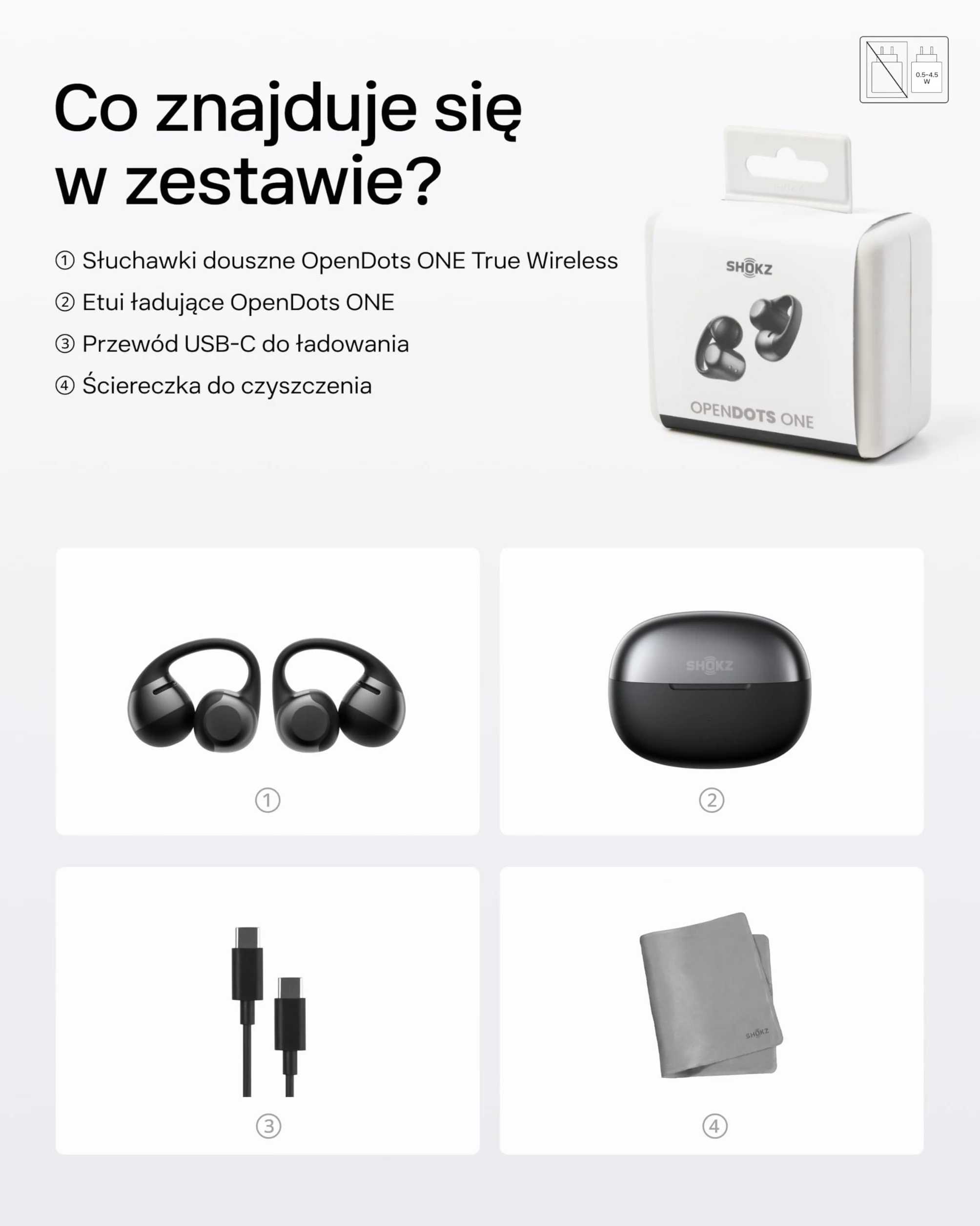 SHOKZ OpenDots ONE Otwarte Słuchawki Douszne Bluetooth 5.4, Dolby Audio, IP54, Czarny