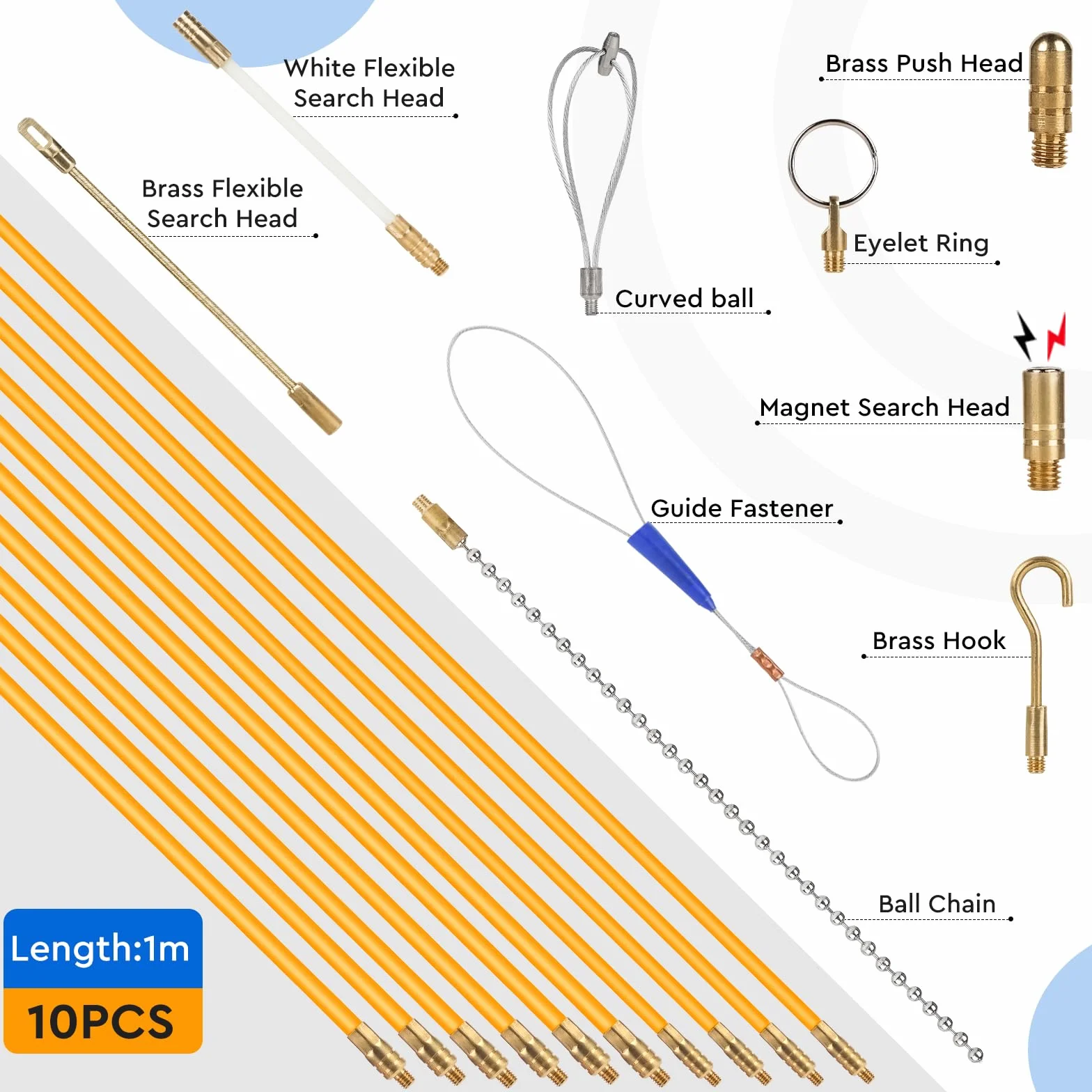 EFUTURETIME Pomoc do wciągania kabli z włókna szklanego 10 m, pomoc do wciągania kabli, włókno szklane, drążek do wciągania kabli, drut do wciągania 1 m x 10 (Ø 4 mm x 4, Ø 6 mm x 6), sprężyna