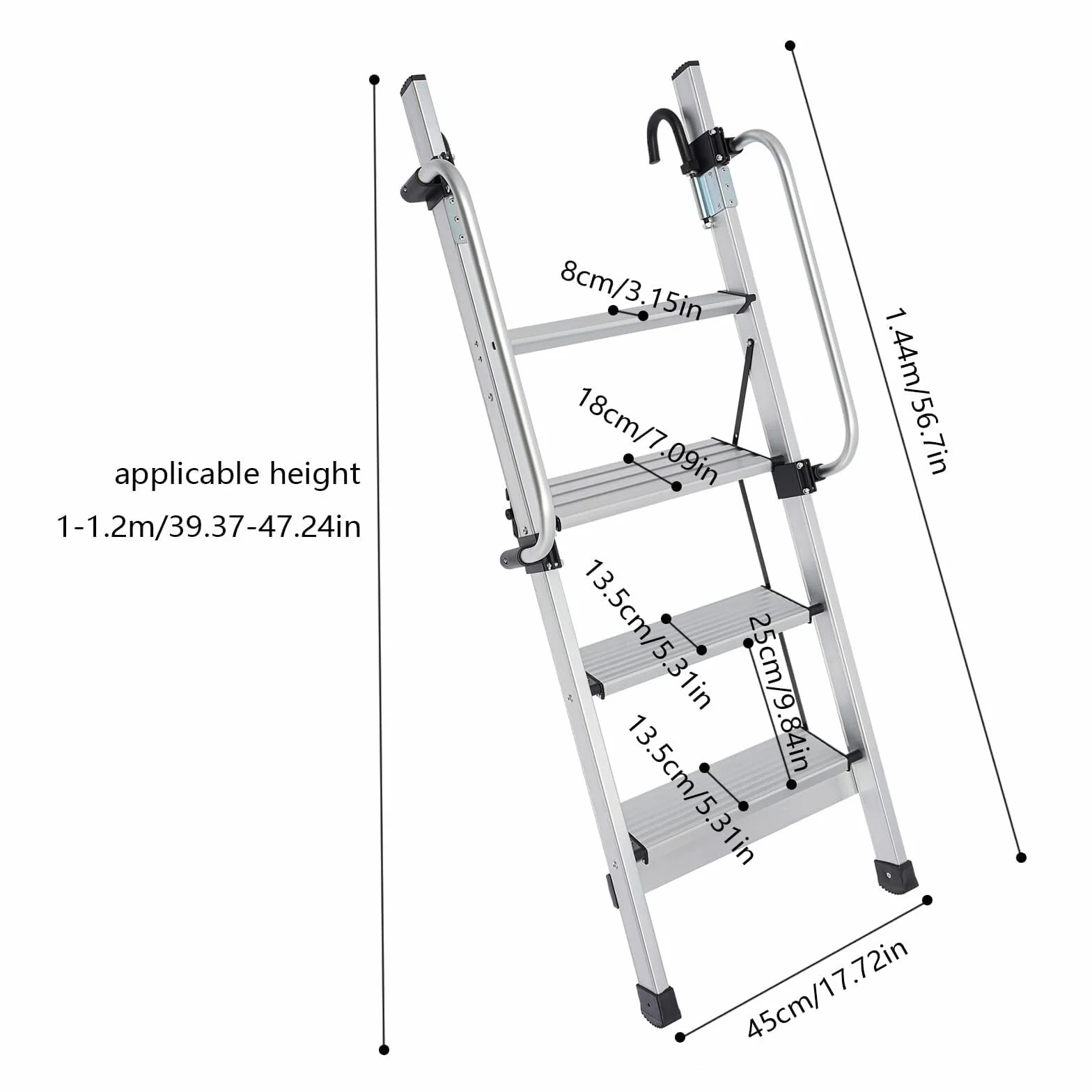 Schody na poddaszu 4-stopniowa aluminiowa drabina na łóżko piętrowe, nośność 150 kg, składana drabina z haczykiem, do kampera w akademiku loft schody
