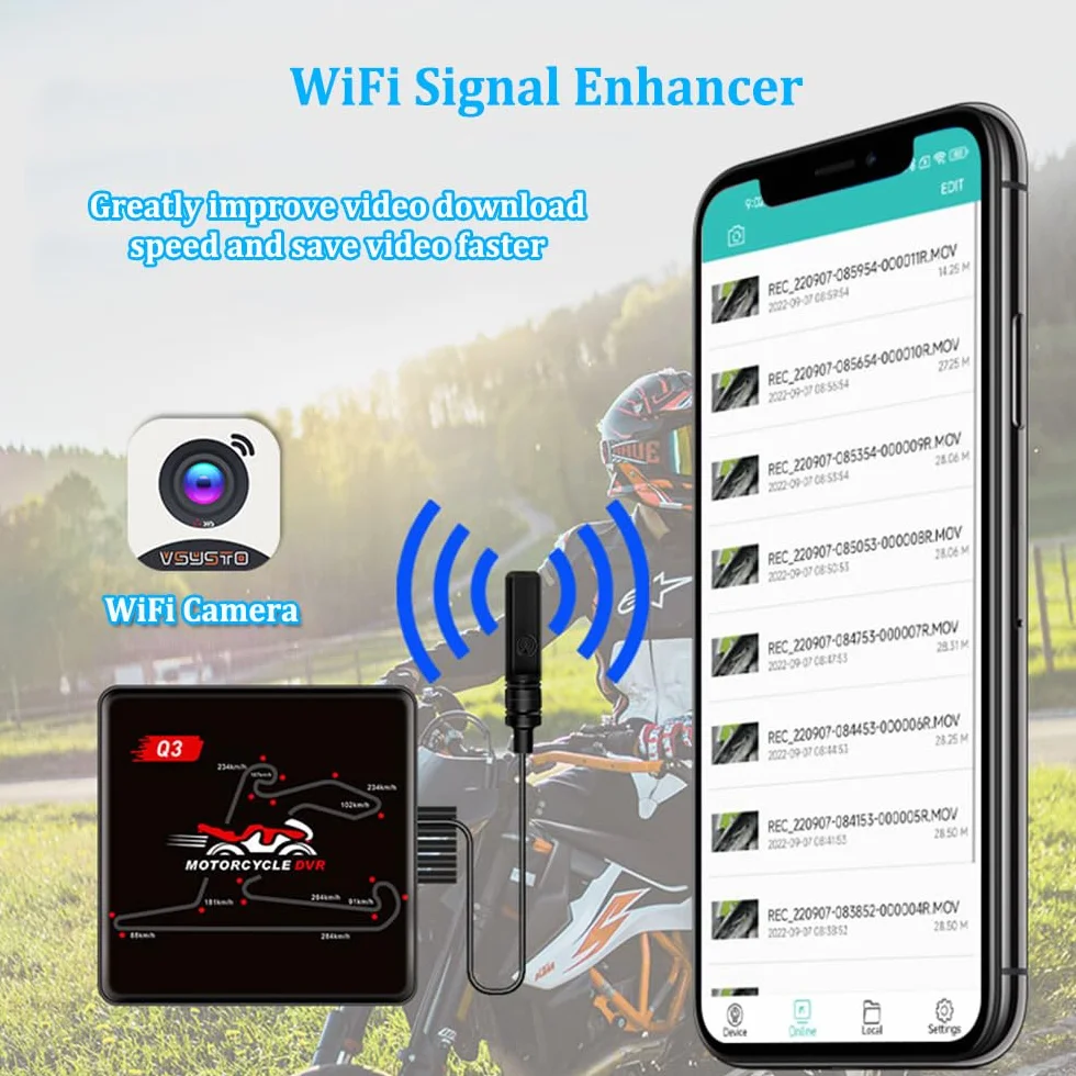 Vsystemo WiFi Motocyklowy tachograf HD 1080p wodoodporna kamera DVR Czarny