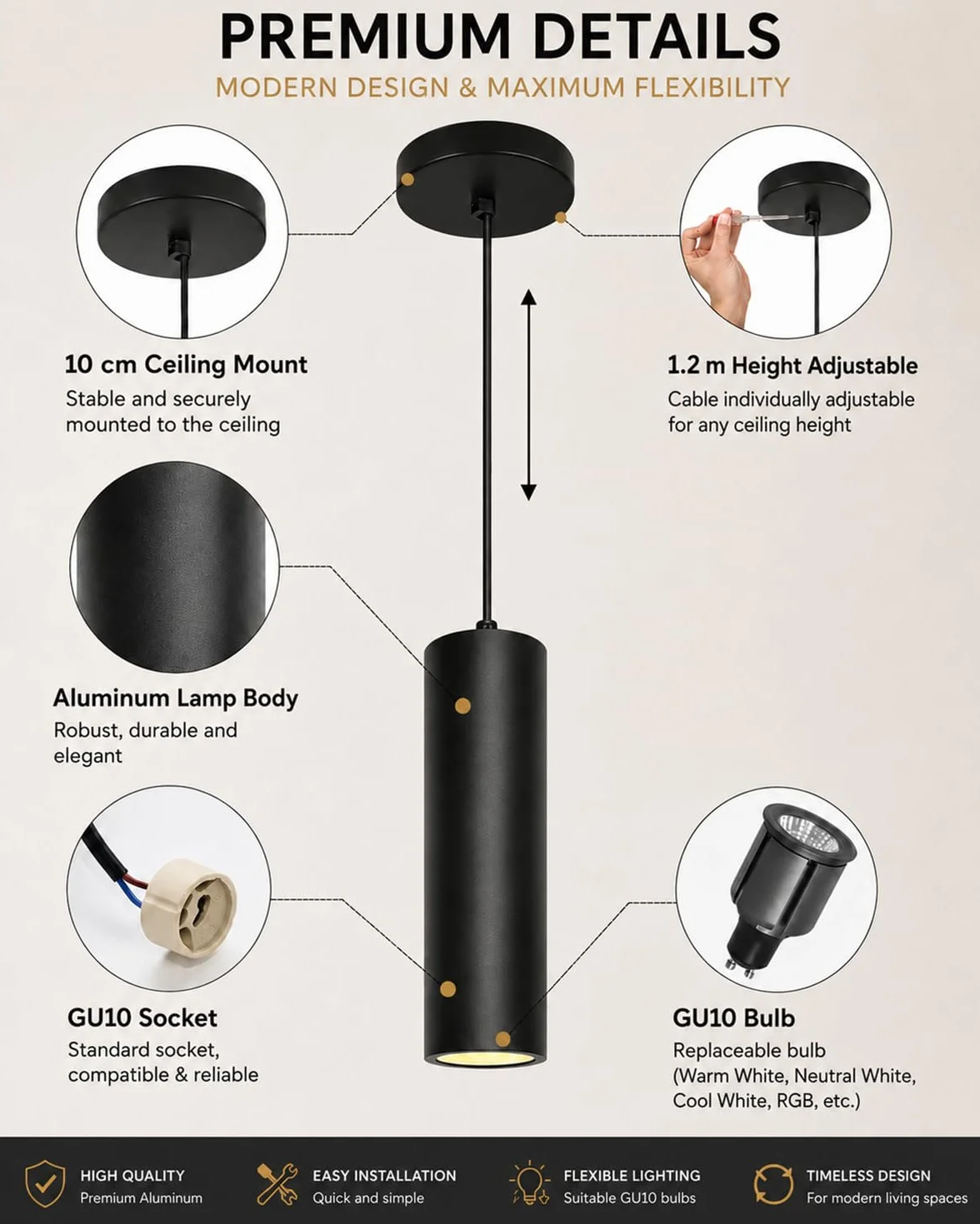 ACMHNC Lampa Wisząca LED, Zestaw 2 Sztuk Nowoczesnych Lamp Sufitowych GU10 do Kuchni i Sypialni, 10W 3000/4000/6000K, Czarny Żyrandol Cylindryczny 30cm