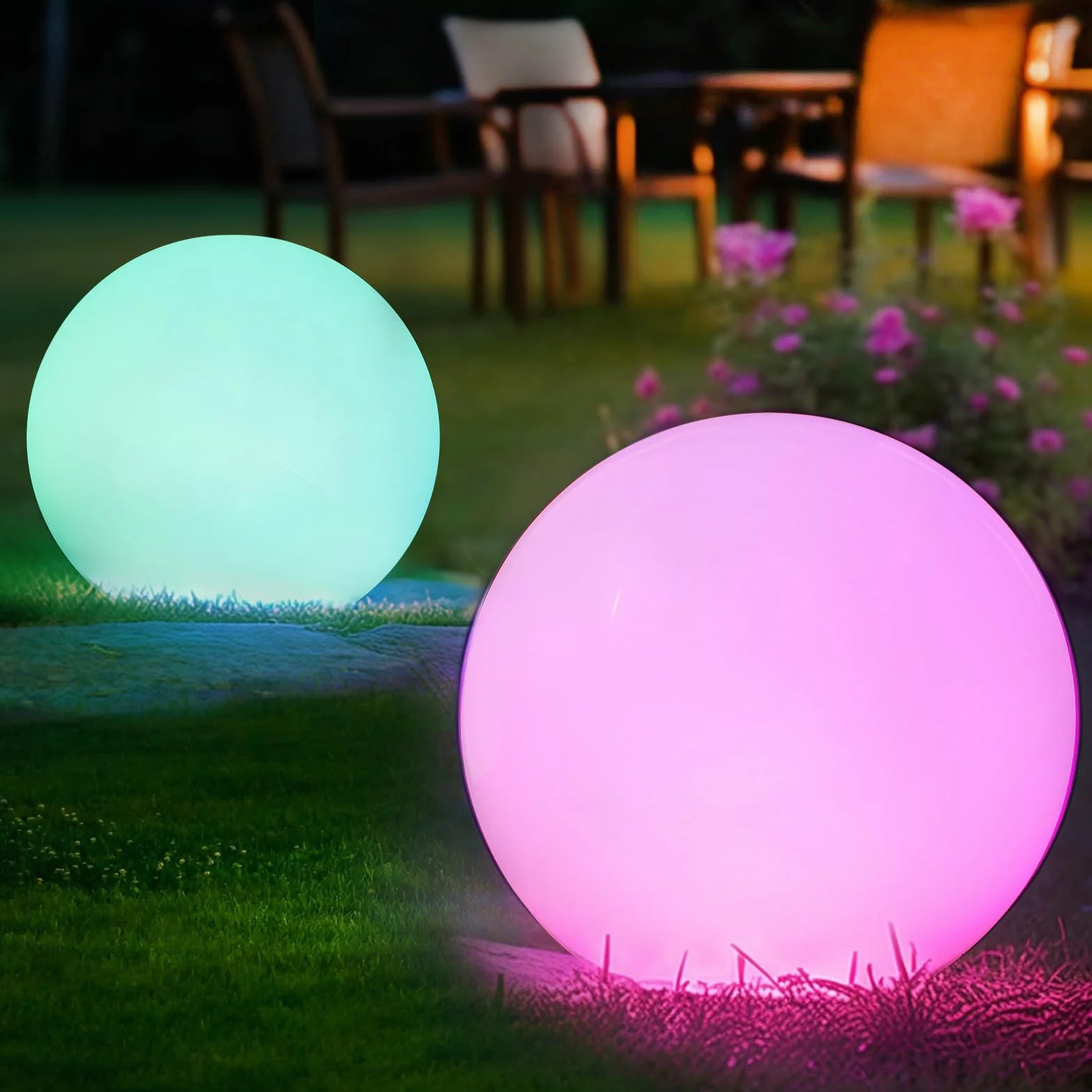 2 sztuki RGB lampa ogrodowa kula świetlna, 30 cm kula ogrodowa wodoodporna zewnętrzna lampa słoneczna IP66, 1200 mAh ściemniana lampa solarna dekoracja do pokoju, na zewnątrz, basen, balkon