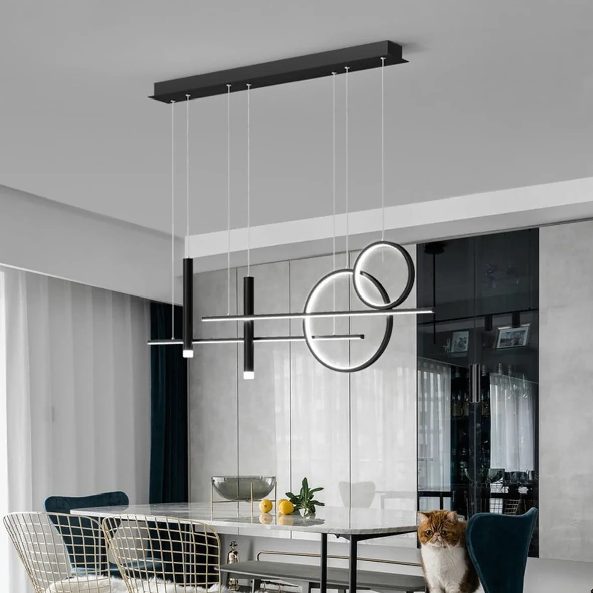 Nowoczesna Lampa Wisząca LED do Ściemniania ze Zdalnym Sterowaniem - Regulowana Wysokość Żyrandol do Jadalni Sypialnia Kuchnia Biuro (Czarnego)