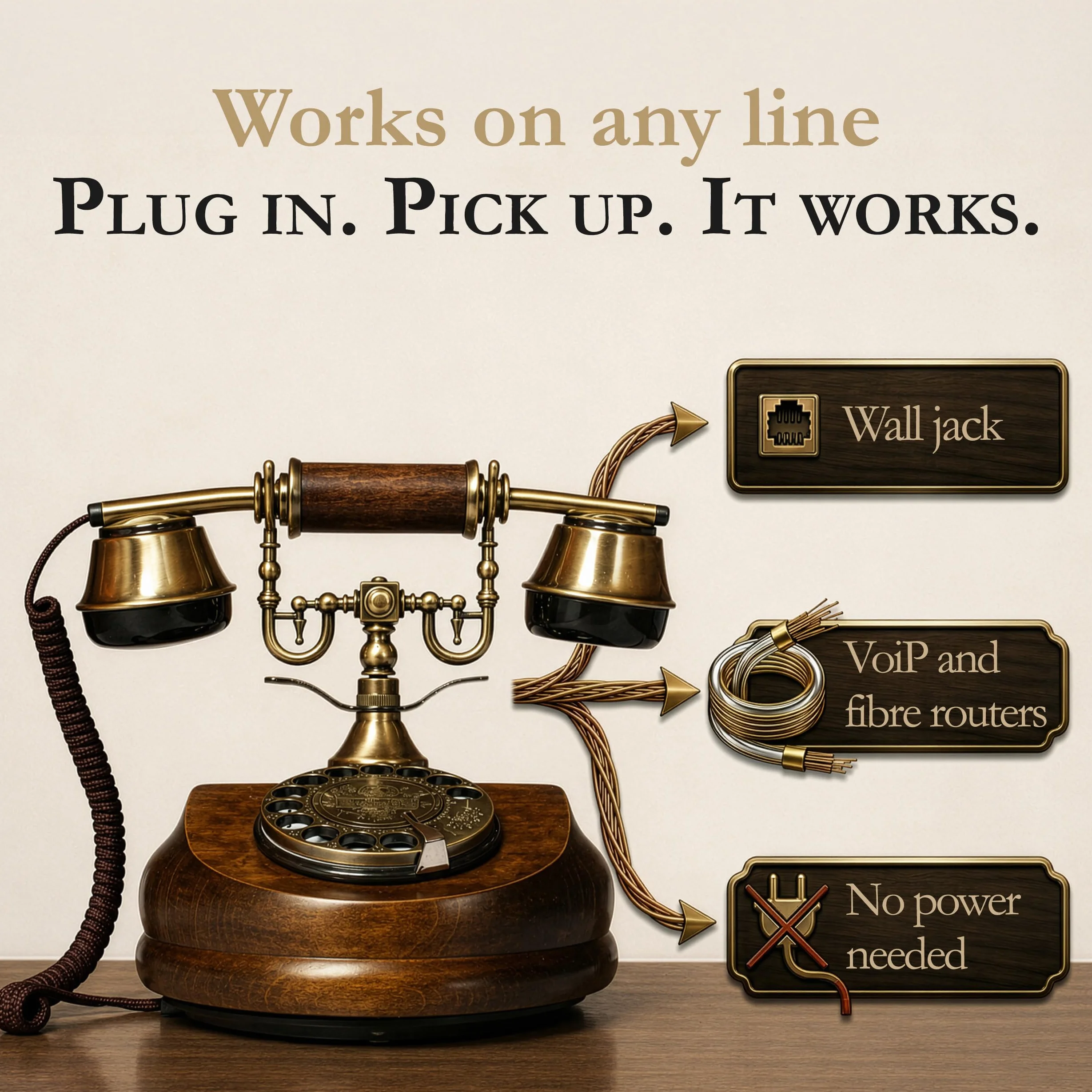 Retro telefon drewniany metalowy Model A z obrotową tarczą i dzwonkiem