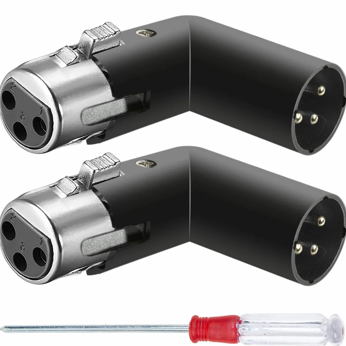 Metalowy adapter kątowy XLR 3-pinowy, podwójna wtyczka i gniazdo, regulacja 90 stopni, 2 sztuki