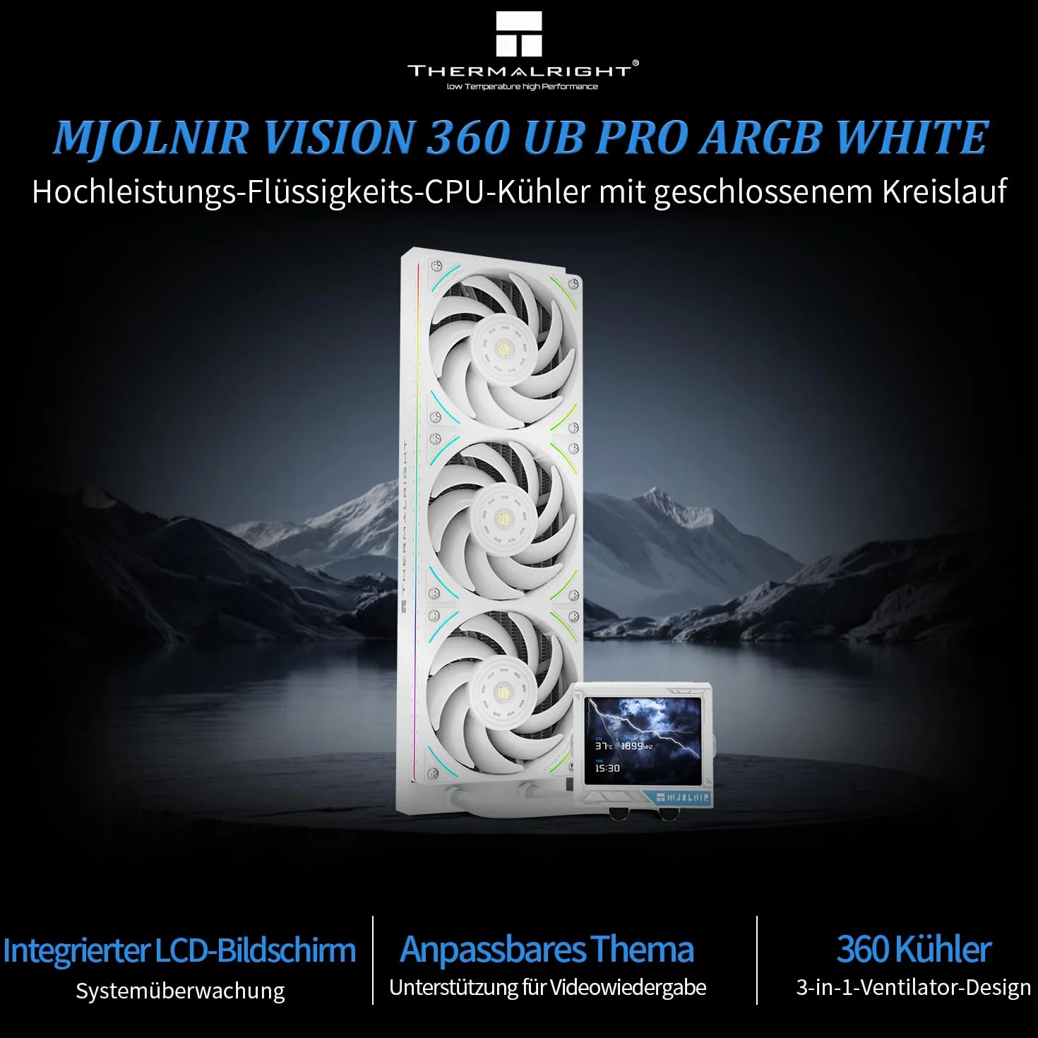 Thermalright Mjolnir Vision 360 UB PRO ARGB White, chłodzenie cieczą CPU AIO, ekran IPS 640×480, wentylator wyciągowy 3 w 1, dla AM5/Intel LGA1851/1700, 3,5-calowy magnetyczny ekran LCD