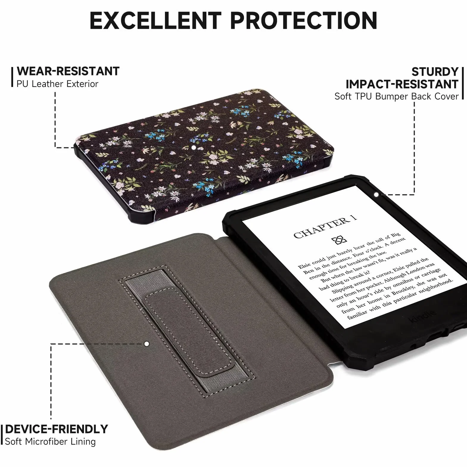 Etui kompatybilne z Kindle Paperwhite 6" 5/6/7 generacji, TPU z paskiem na rękę, tryb uśpienia/wybudzenia, Black Floral