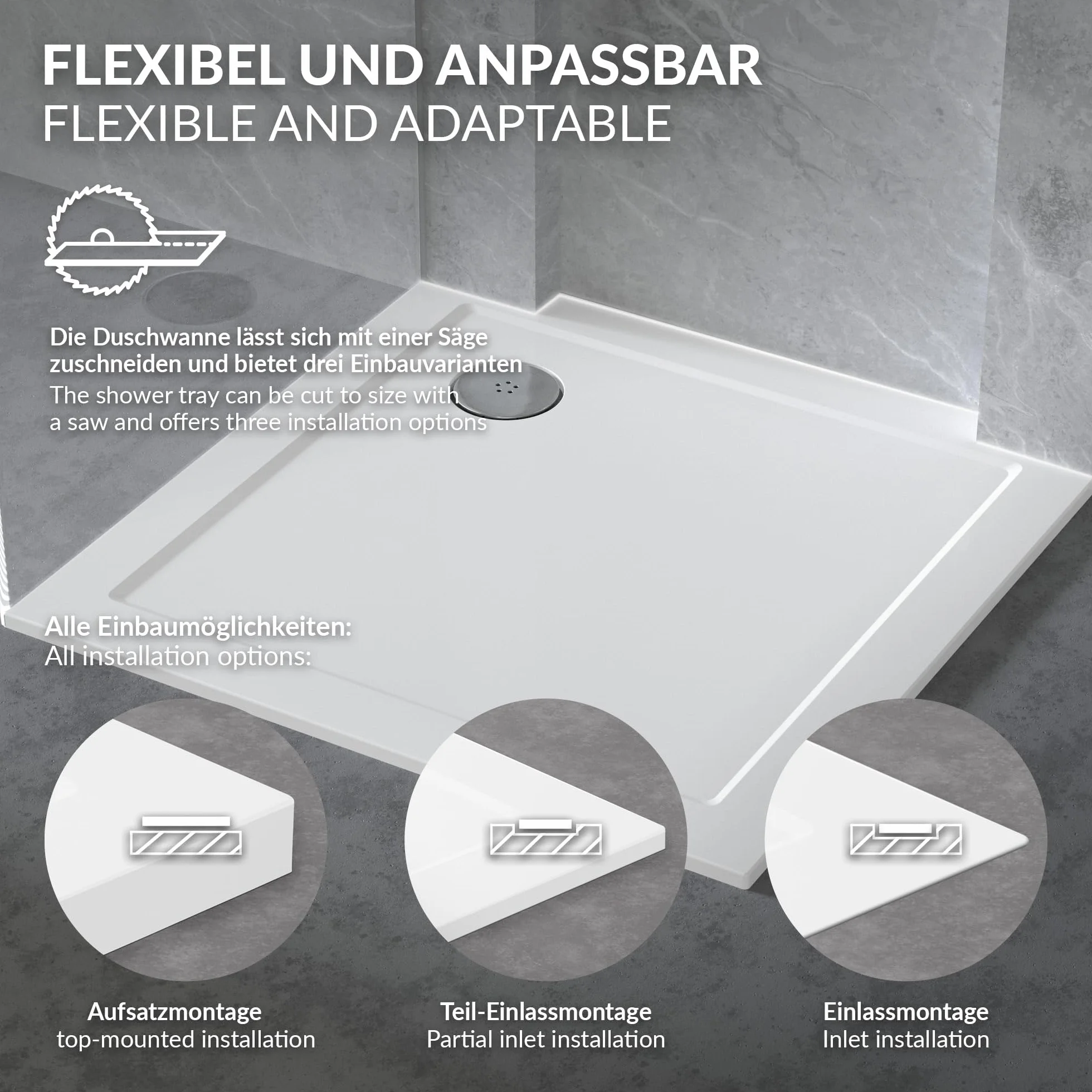 LuxeBath Brodzik Prysznicowy 80 x 80 cm Biały, Kwadratowy Wysokość z Syfonem i Odpływem, Ultrapłaski Brodzik z SMC, Wysokość 40 mm, Promień 55 cm, Wysoki Połysk, Narożny, Do Kabiny Prysznicowej