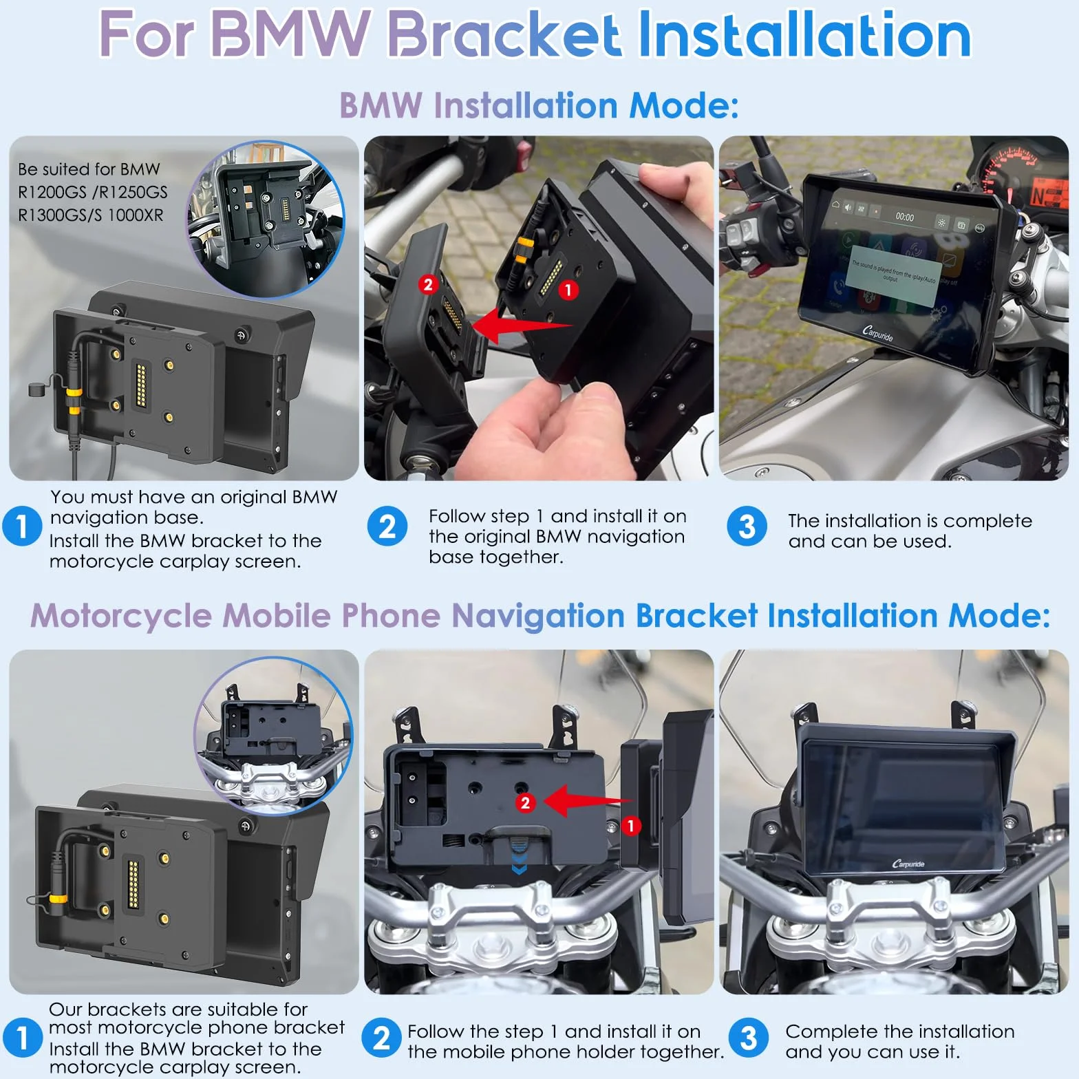 Carpuride W502PRO B do motocykli B.-M-.W CarPlay i Android Auto i podwójny Bluetooth, nawigacja étanche 5 pouces pour Moto, część muzyczna, interkom, korektor, uchwyt światła, kurtyna, barometr