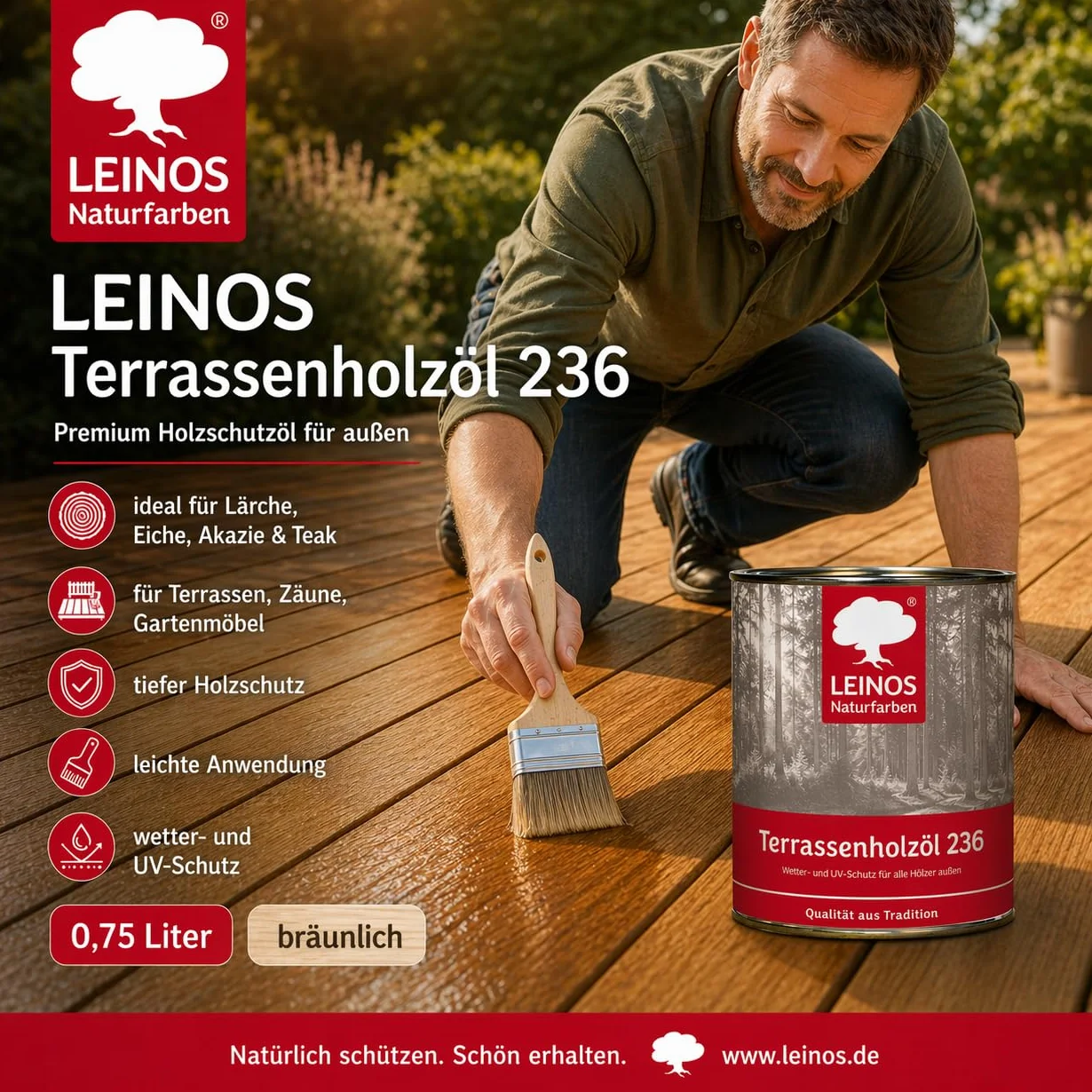 Leinos Olej do drewna tarasowego, 0,75 l, brązowawy olej do ochrony drewna premium do ochrony drewna modrzewiowego, dębu, drewna tekowego i akacji, do mebli ogrodowych i tarasów
