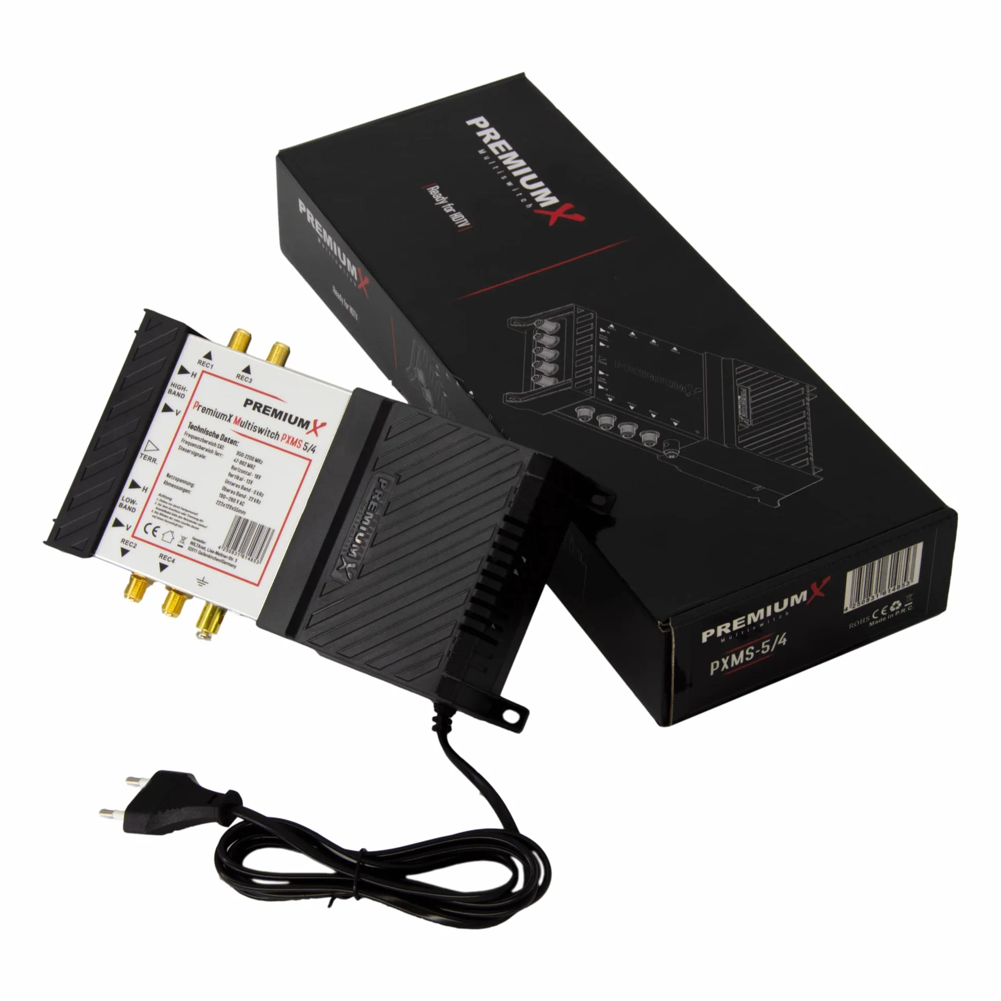 PremiumX PXMS Multiswitch 5/4 z zasilaczem - Dystrybutor sygnałów satelitarnych dla 4 użytkowników - Obsługuje Digital HDTV FullHD 4K UHD 8K