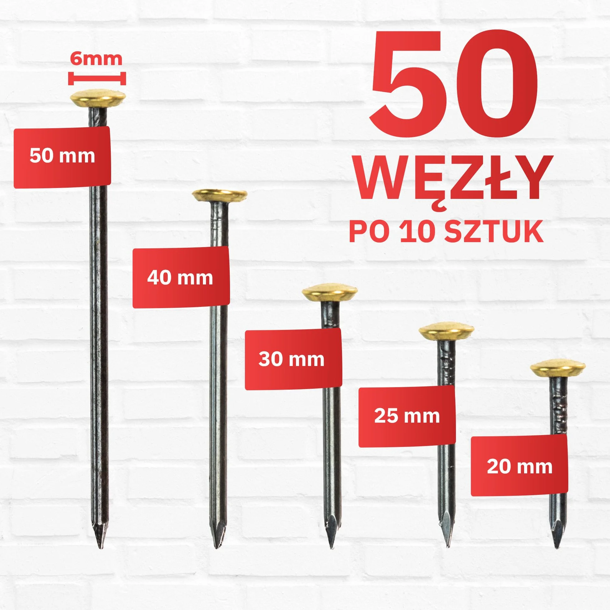 RIKAMA 50 gwoździ obrazowych w mieszance 10 x 20 mm, 25 mm, 30 mm, 40 mm, 50 mm, stalowe gwoździe do betonu, cegły, tynku i drewna, wyprodukowano we Włoszech, złota główka