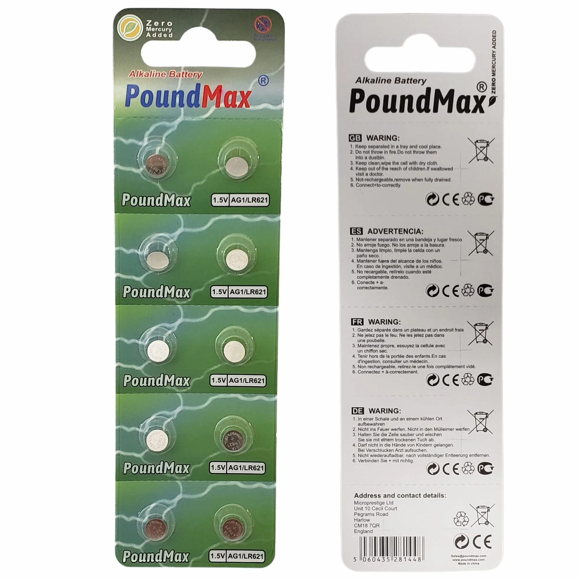 10 x AG1 364 363 LR621 SR621SW 1,5 V PoundMax alkaliczna bateria guzikowa