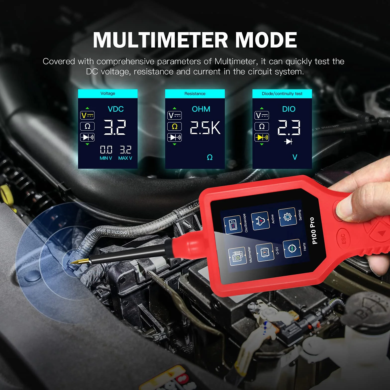 P100 Pro -30V Tester Obwodu Samochodowego Tester Diagnostyczny Obwodu Samochodowego 12V 24 V Zestaw Sondy Multimetrowego Aktywacja Części Cyfrowych/0-5V Zasilacz/wiele Języków (czerwony)