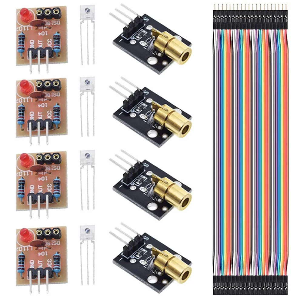 Moduł czujnika laserowego 4 szt. niemodulator tuba odbiornik laserowy do Arduino z 4 szt. KY-008 650nm moduł nadajnika laserowego, kabel Dupont