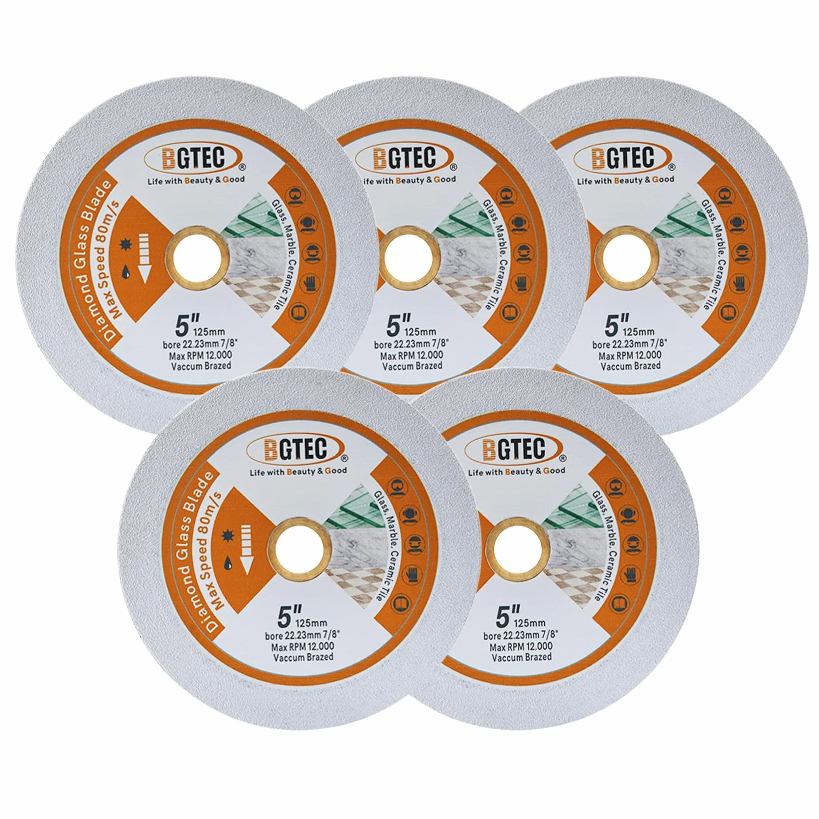 BGTEC tarcza do cięcia szkła, 5 cali, 125 mm, diamentowe ostrze do szkła, jadeitu, kryształu, butelki wina, płytek ceramicznych, marmuru, sztucznego kamienia, 5 szt