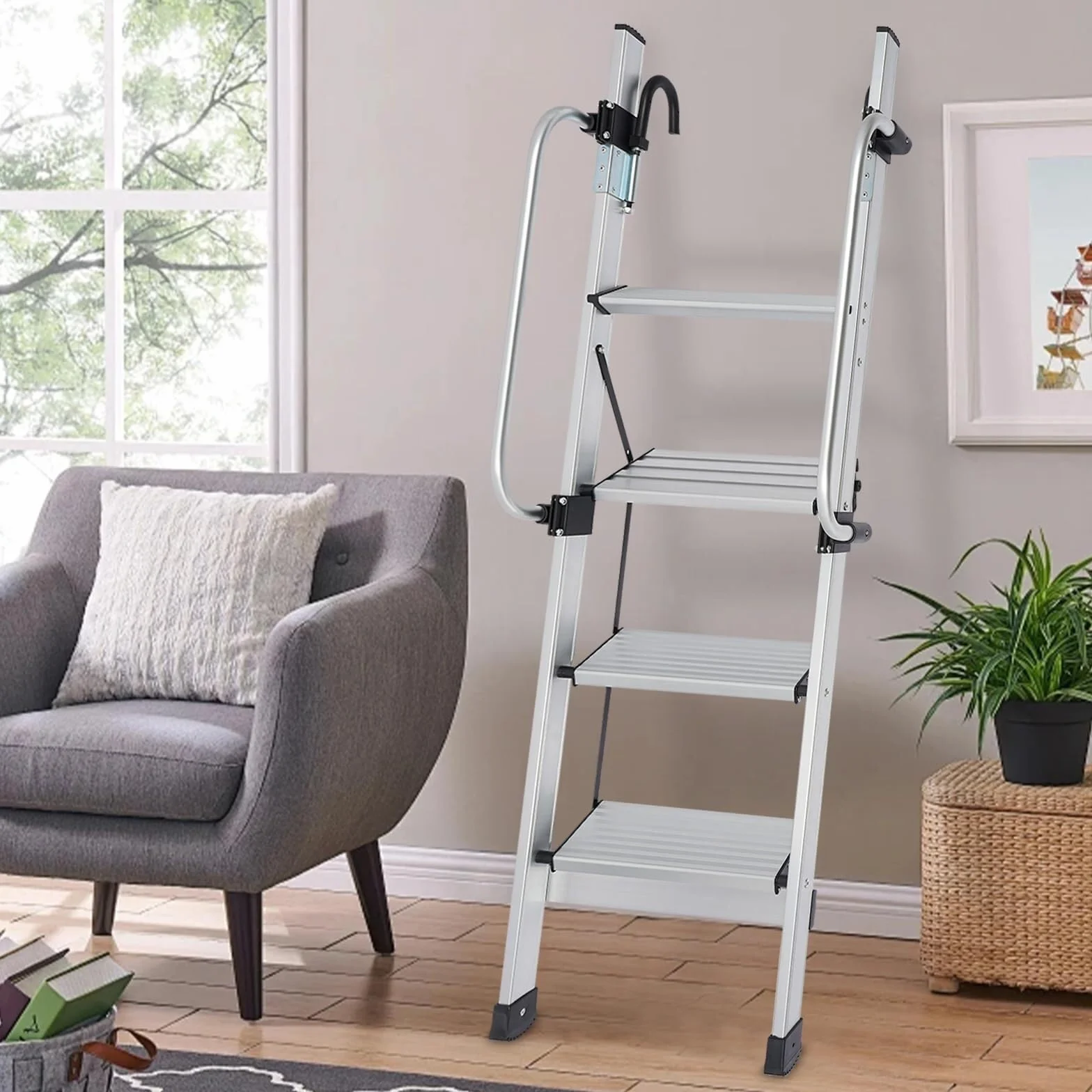 Schody na poddaszu 4-stopniowa aluminiowa drabina na łóżko piętrowe, nośność 150 kg, składana drabina z haczykiem, do kampera w akademiku loft schody