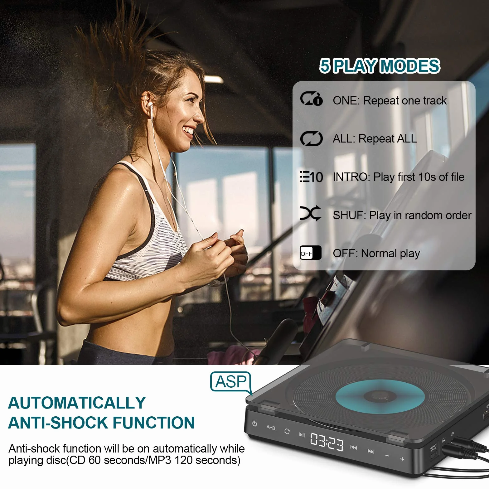 Gueray Przenośny odtwarzacz CD Discman 1200 mAh z podwójnym portem słuchawkowym i słuchawkami