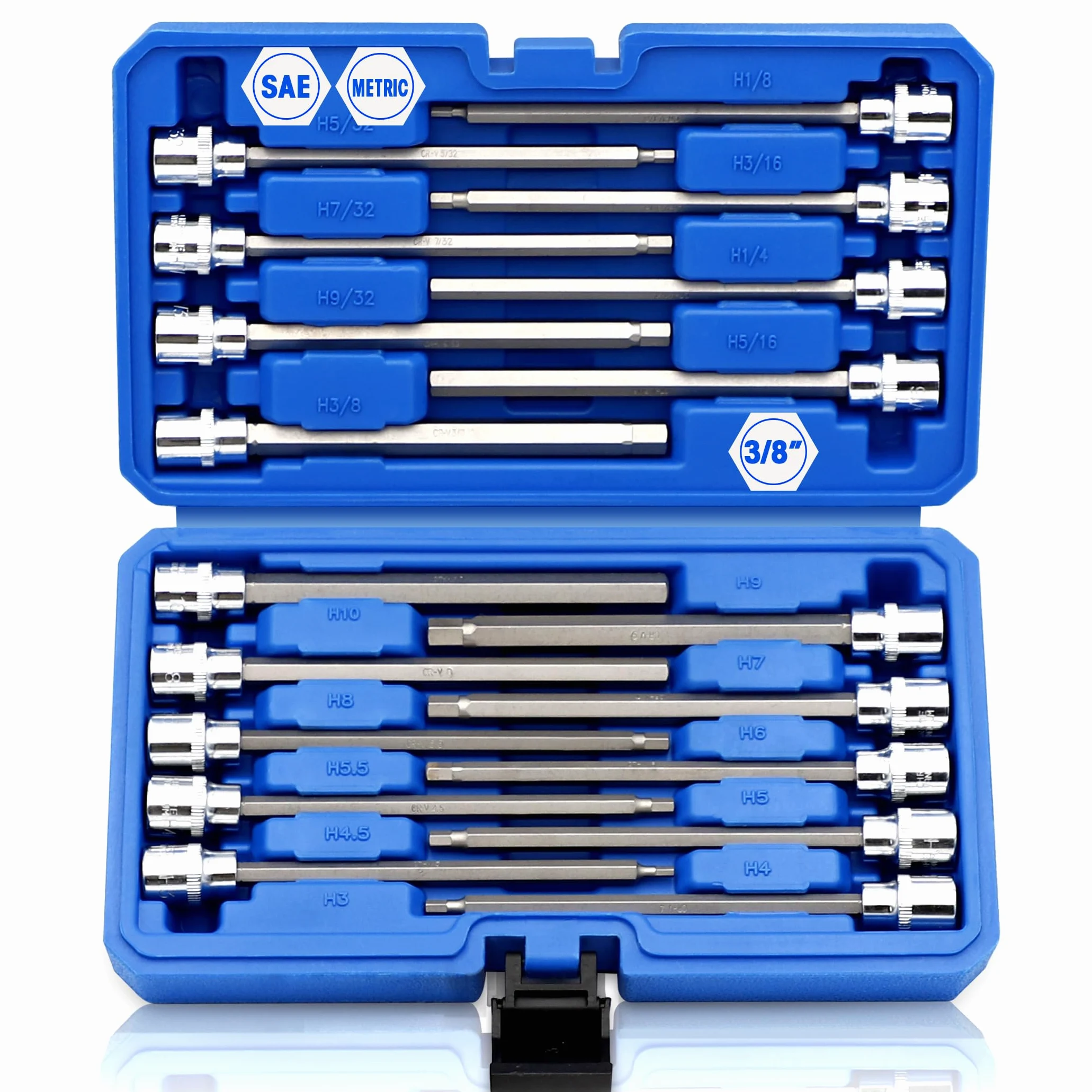 RIZOM 18-częściowy zestaw nasadek sześciokątnych z napędem 3/8", SAE i metryczne (1/8-3/8", 3-10 mm), CR-V i stal S2