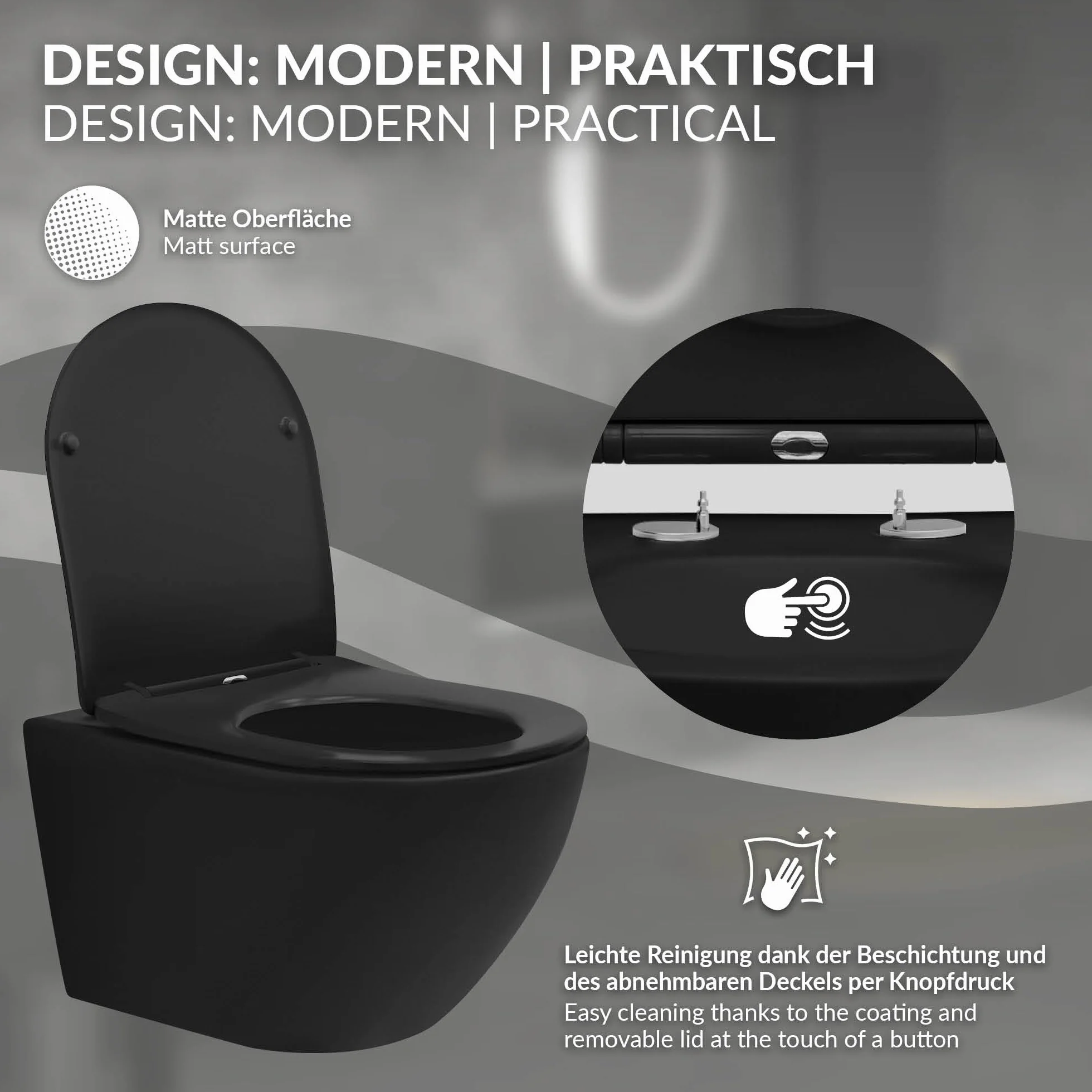 LuxeBath wiszaca muszla klozetowa bez rantu czarna, ceramiczna wiszaca muszla klozetowa dluga 54 cm, bez rantu splukujacego z miekko zamykana pokrywa, splukiwanie tornado, miekko zamykana