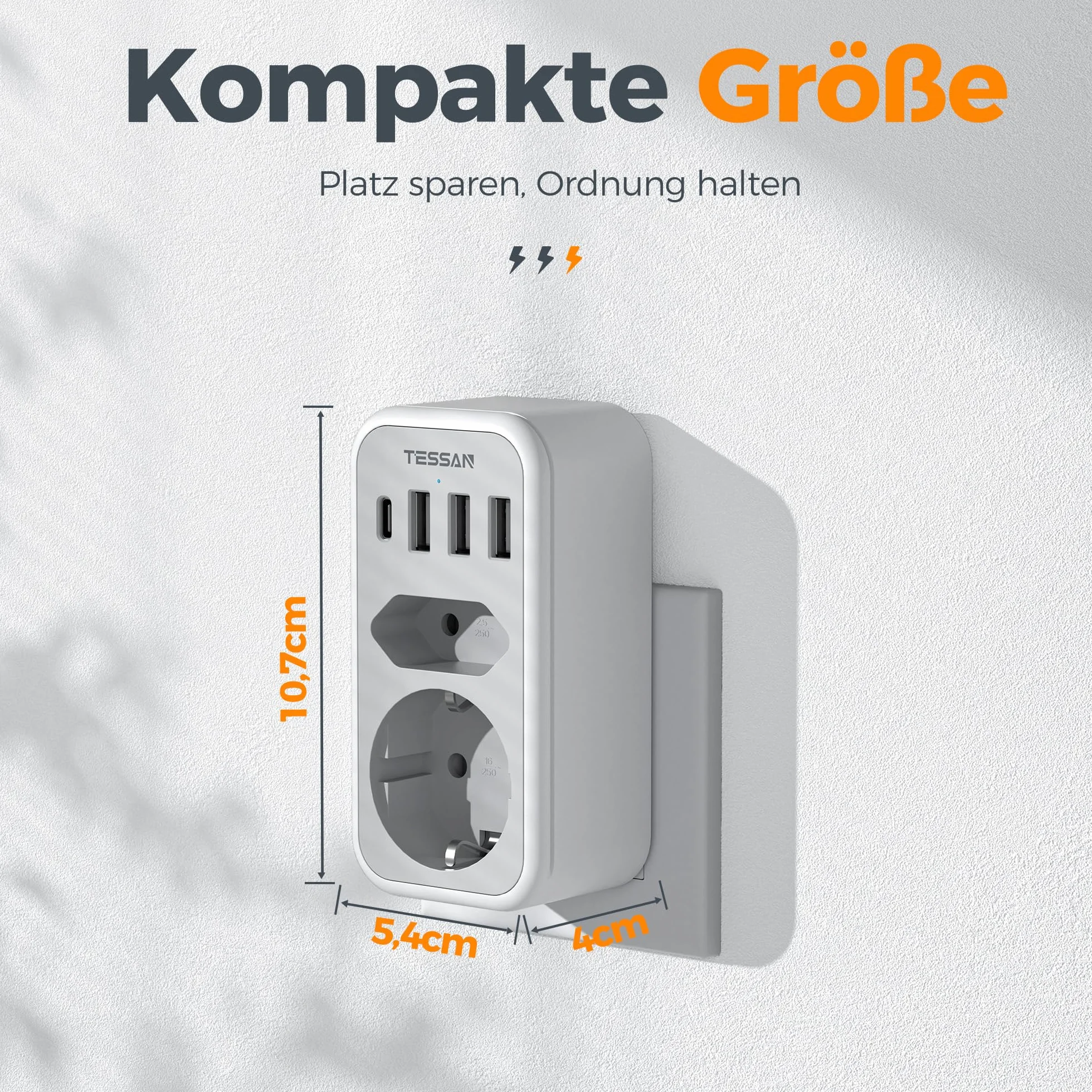 TESSAN Podwójna Wtyczka do Gniazda, Gniazdo Wielokrotne Gniazdo USB C, Adapter Gniazda 2 Drożny z 4 Wtyczkami Zasilającymi USB, Wielopunktowa Wtyczka do Gniazda i Adapter USB C, Szary