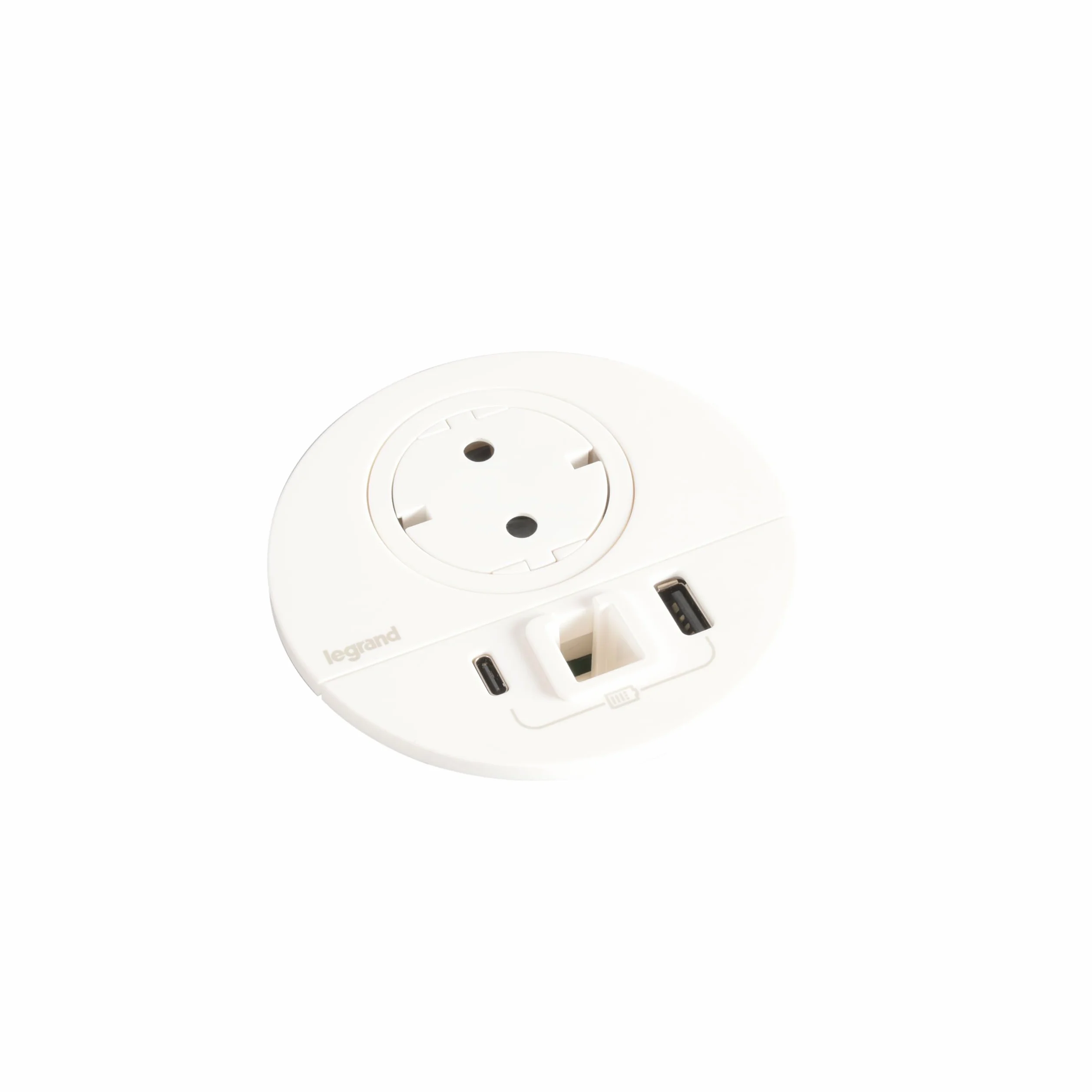 Legrand, Incara Disq 80, gniazdo ładowania USB A+C, wyjście kabla do kabla sieciowego, gniazdko stołowe, gniazdo do zabudowy, ładowarka wielokrotna, 15 W, kabel 2 m, wtyczka 2P + E, kolor: ultrabiały,