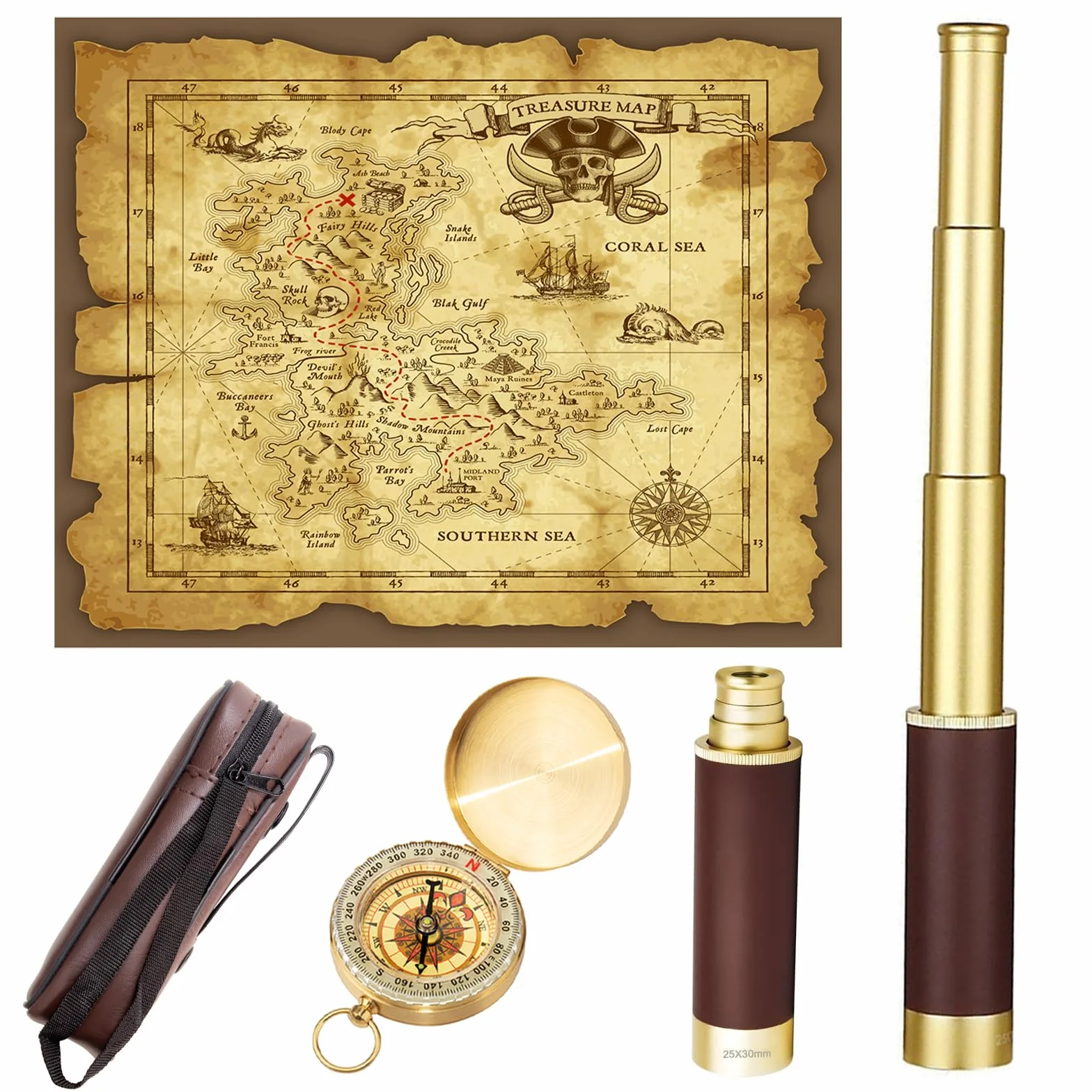 Monokularowy monokular, monokular w stylu retro, z mapą skarbów 25 x 30, możliwość powiększenia, vintage, kapitan Jack Spyglass BAK-4, luneta dla dzieci, składana, przenośna, monokular, na