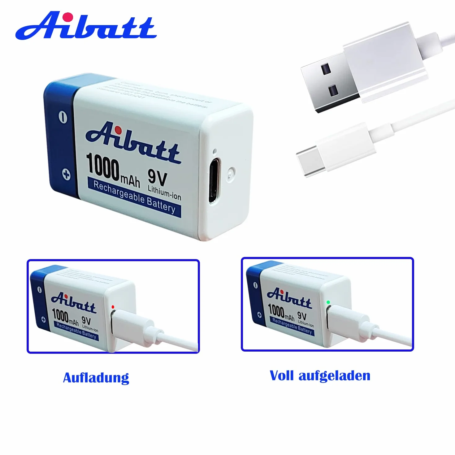 Akumulator blokowy 6F22 Li-ion 9V 1000 mAh z przyłączem USB-C do mikrofonu, czujnika dymu
