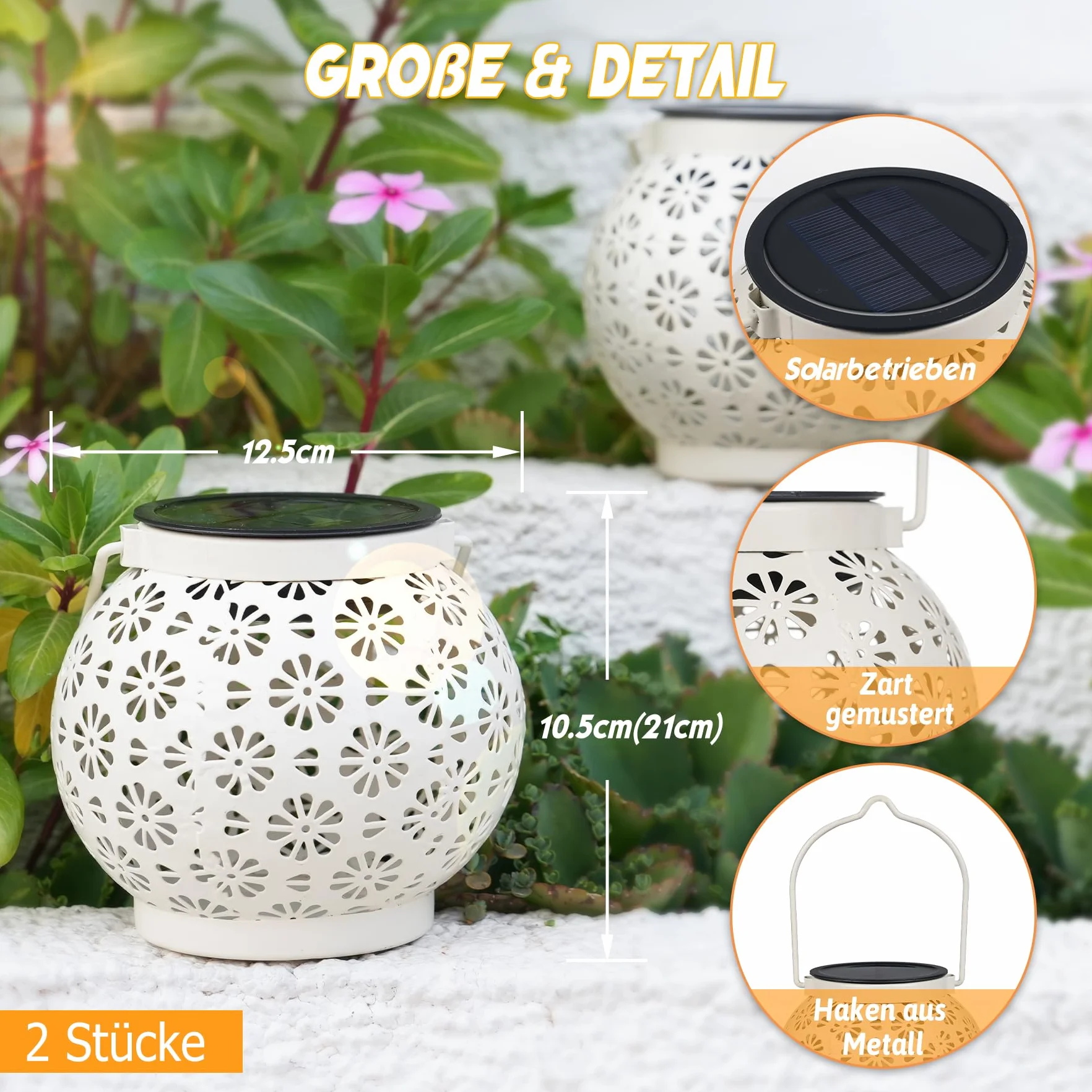JOYCREATOR Latarnie solarne, 2 sztuki, wodoszczelne metalowe diody LED IP65, żywotność 10 h, do zawieszenia na zewnątrz, dekoracji ogrodu, werandy, stołu, balkonu, tarasu